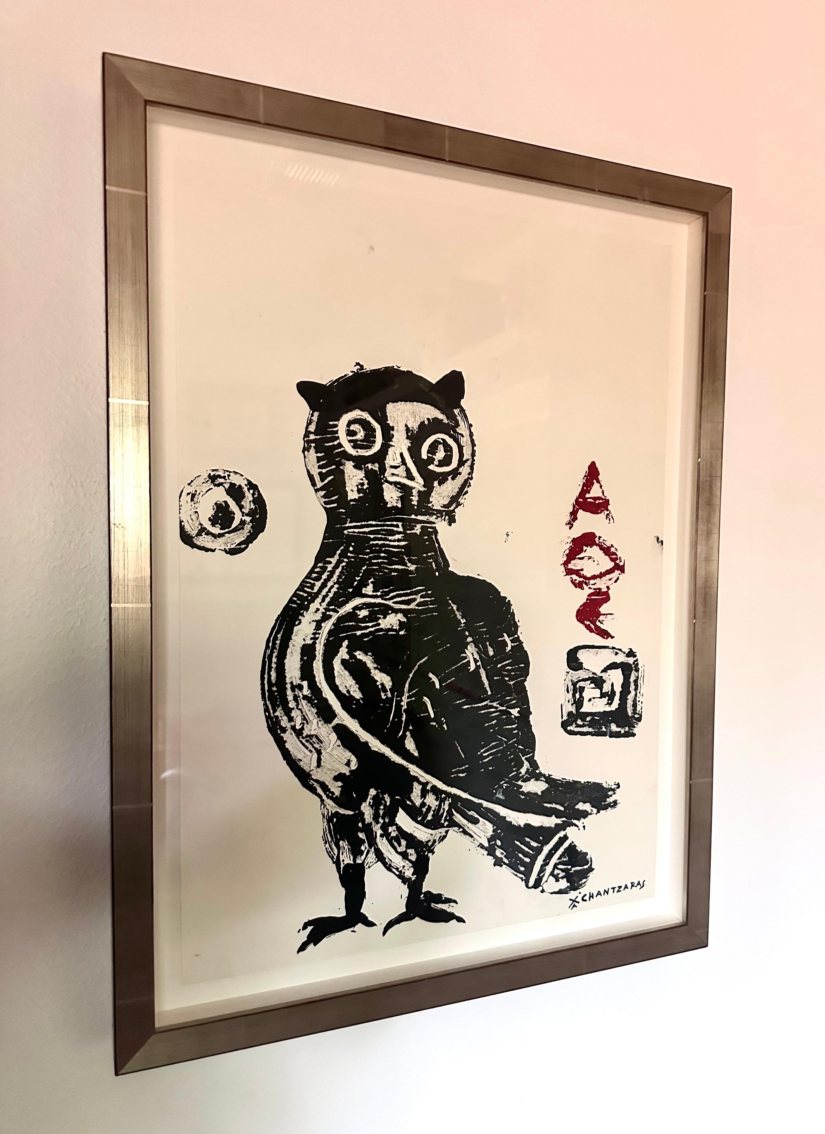 Democritus, The Wise Guys, Owl #3 series, Pop contemporary blue bird painting - Painting by Apostolos Chantzaras