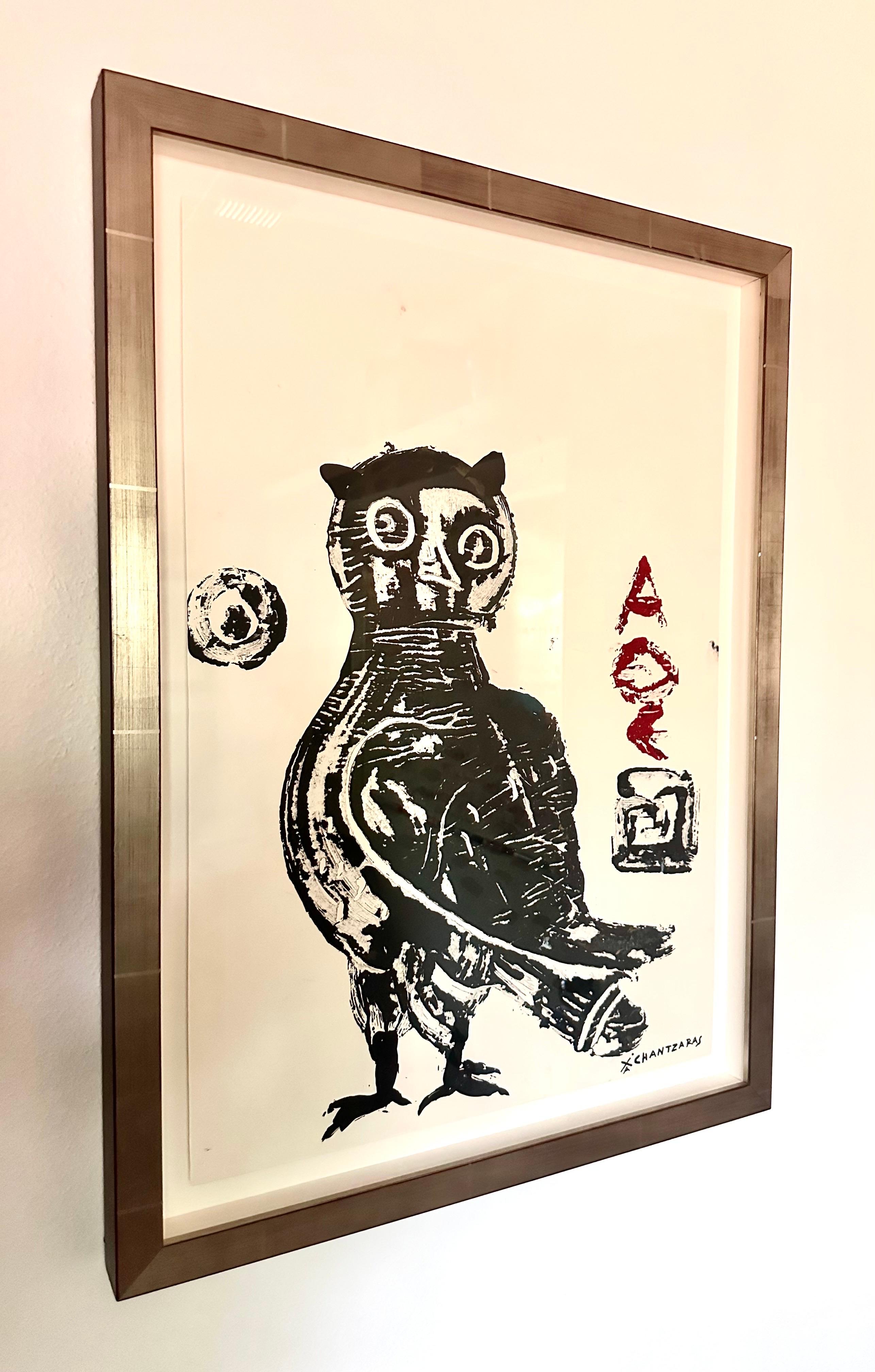Democritus, The Wise Guys, Owl #3 series, Pop contemporary blue bird painting - Contemporary Painting by Apostolos Chantzaras