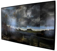 Lago St George di Kensett, Paesaggio antico, stile moderno, olio su metallo
