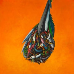 Drop, Orange and Colorful Abstract Bird Painting, Oil on Canvas