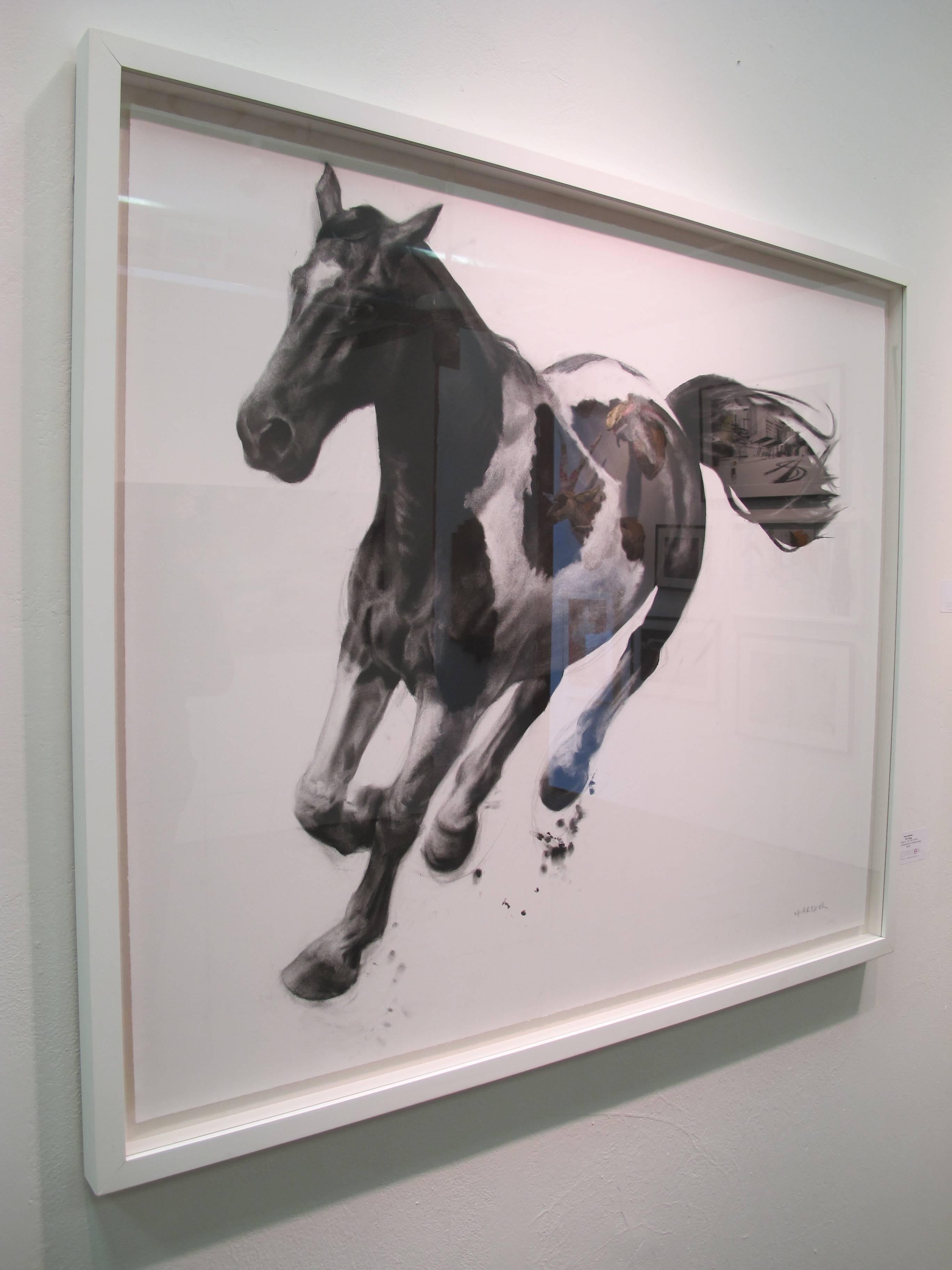 The Charge by Patsy McArthur - unique charcoal on paper - white box frame 2