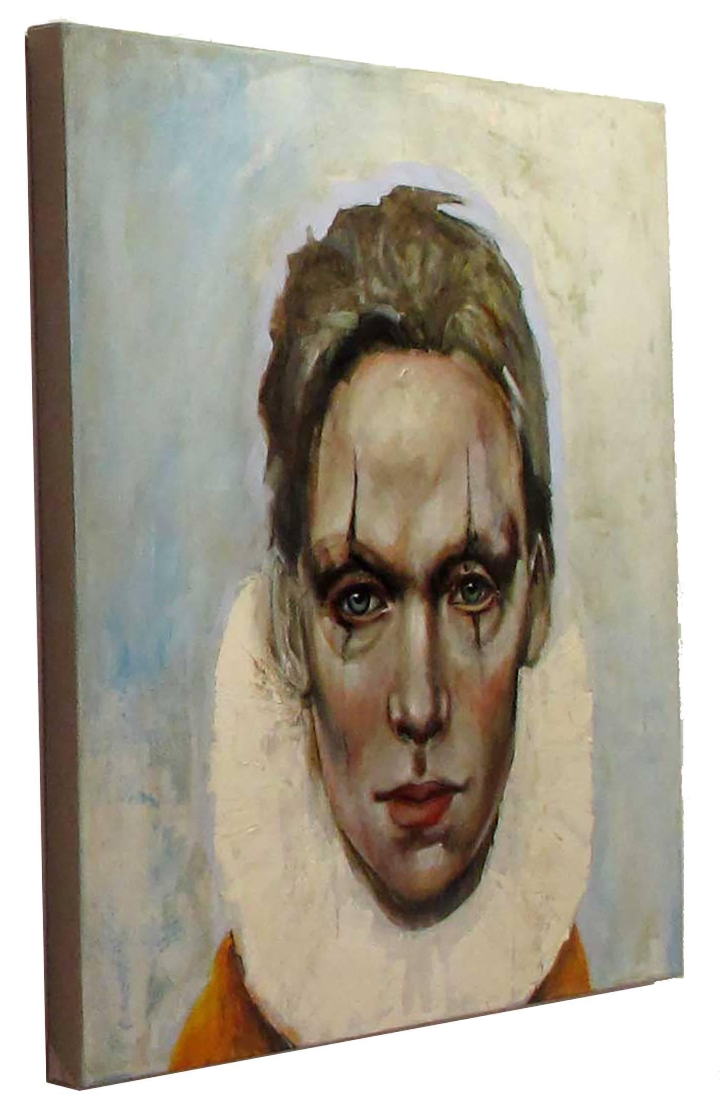 The Second Act, Oil on canvas, Harlequin portrait painting - Painting by Michele Mikesell