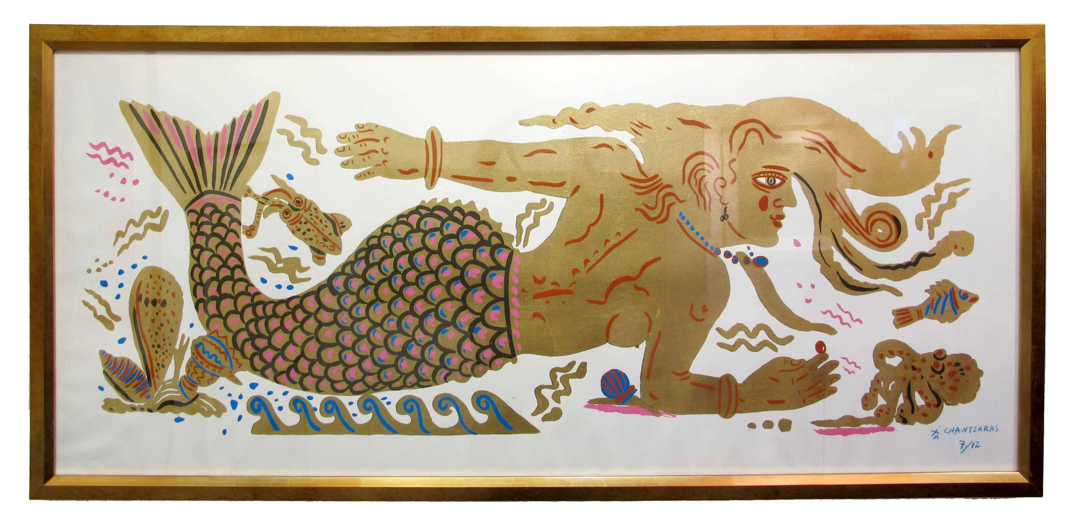 Apostolos Chantzaras Figurative Print - Mermaid Dream, Ancient Greek inspired painting on paper, hand finished gold leaf