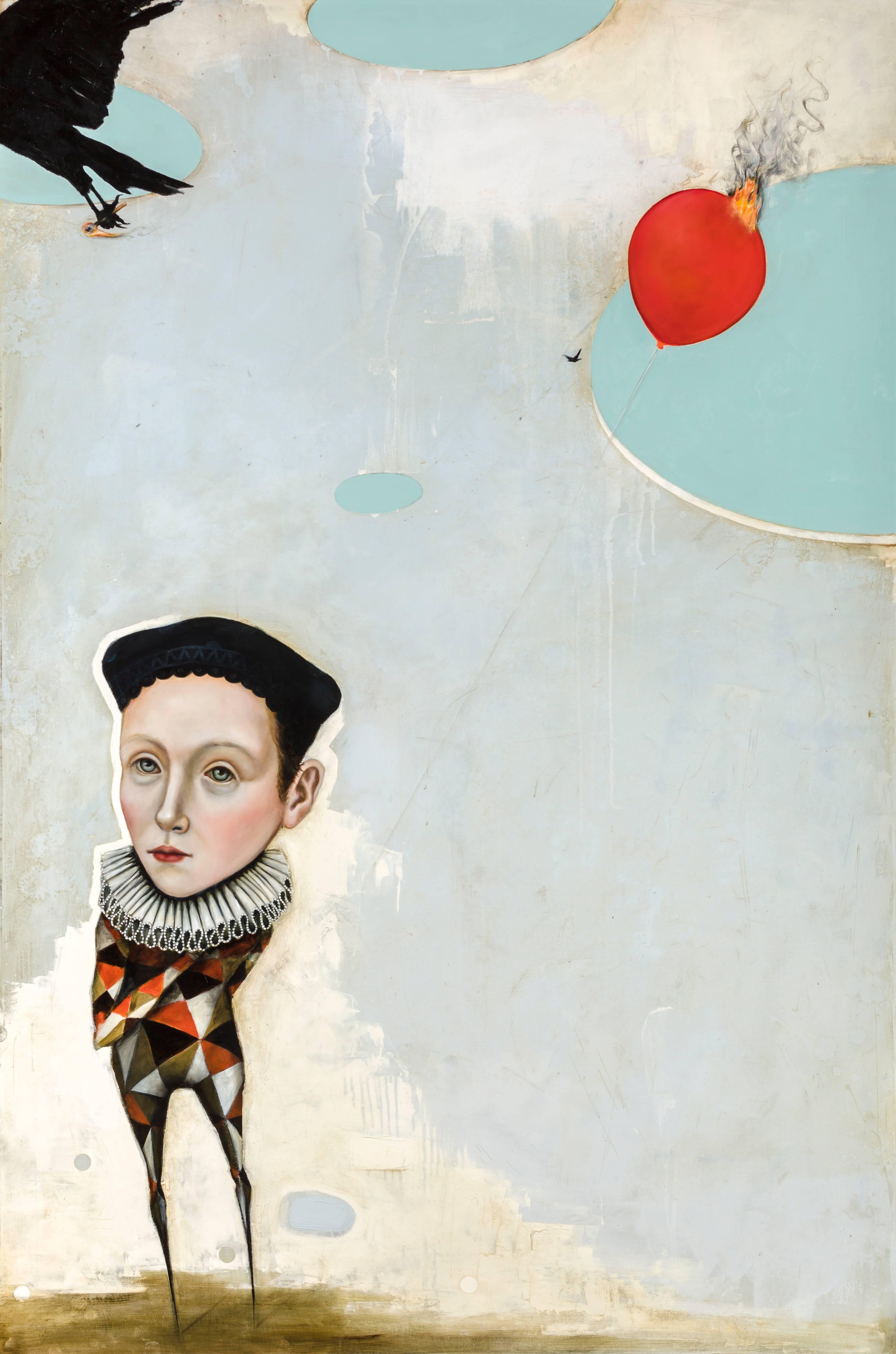 The Last Balloon, oil on canvas, pop-surrealism figurative painting, w harlequin - Painting by Michele Mikesell