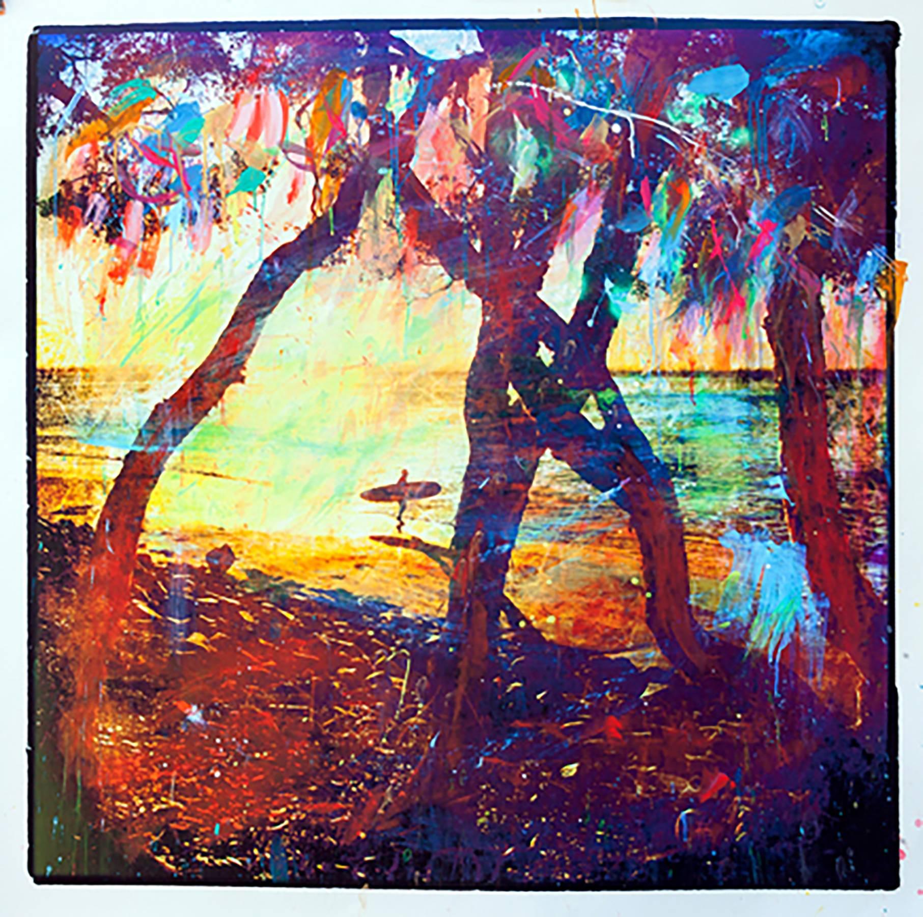 Alberto Sanchez Color Photograph - Memoria de Cancion, hand painted photograph with resin, surfer and beach scene