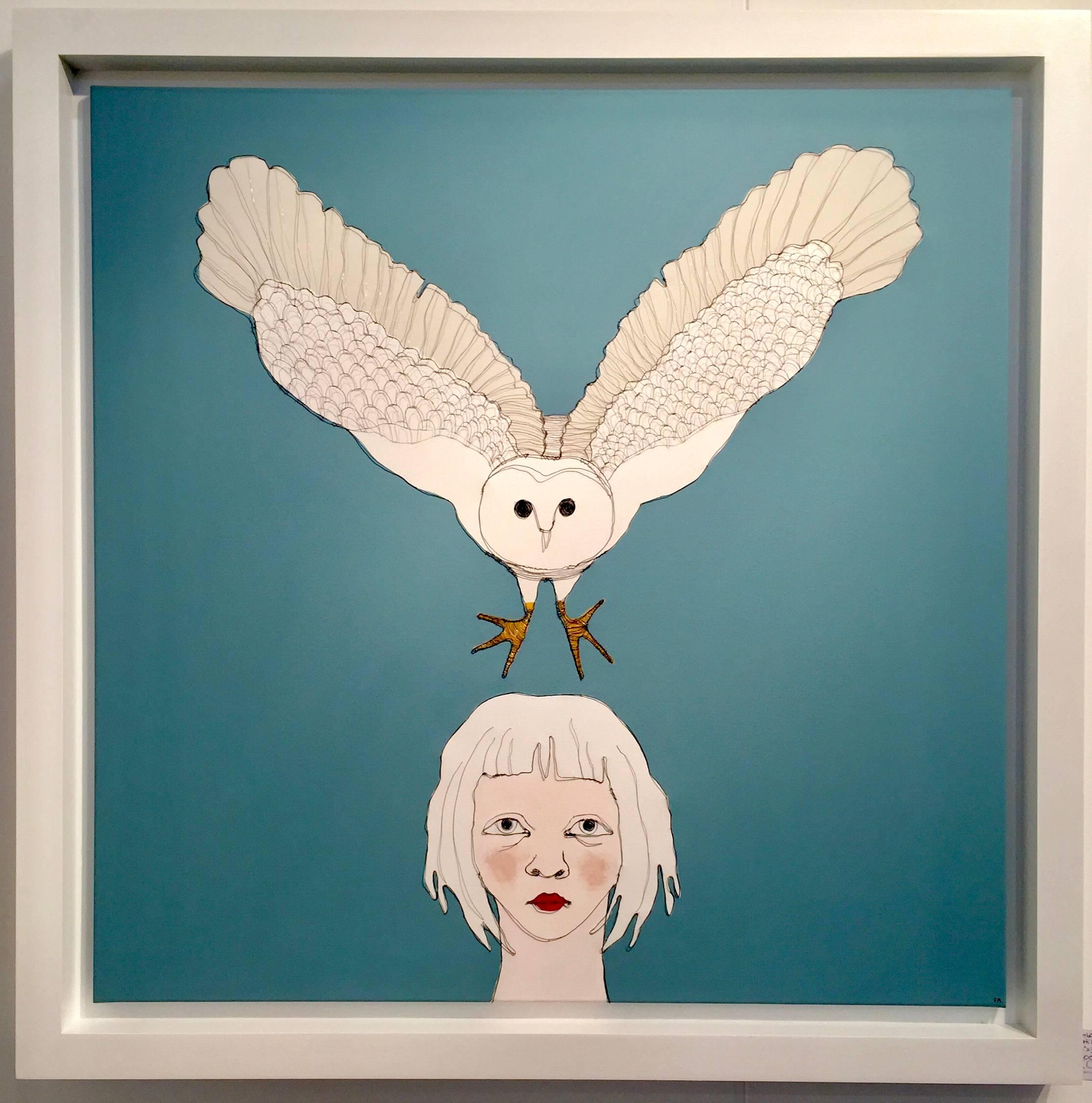 Child With Owl, blue wire and oil on canvas with white frame - sculpural art