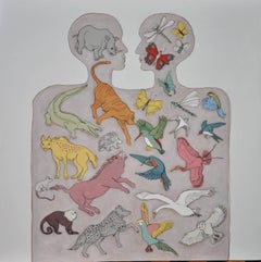 The Everlasting Conversation, abstract animal wire and oil on canvas, framed