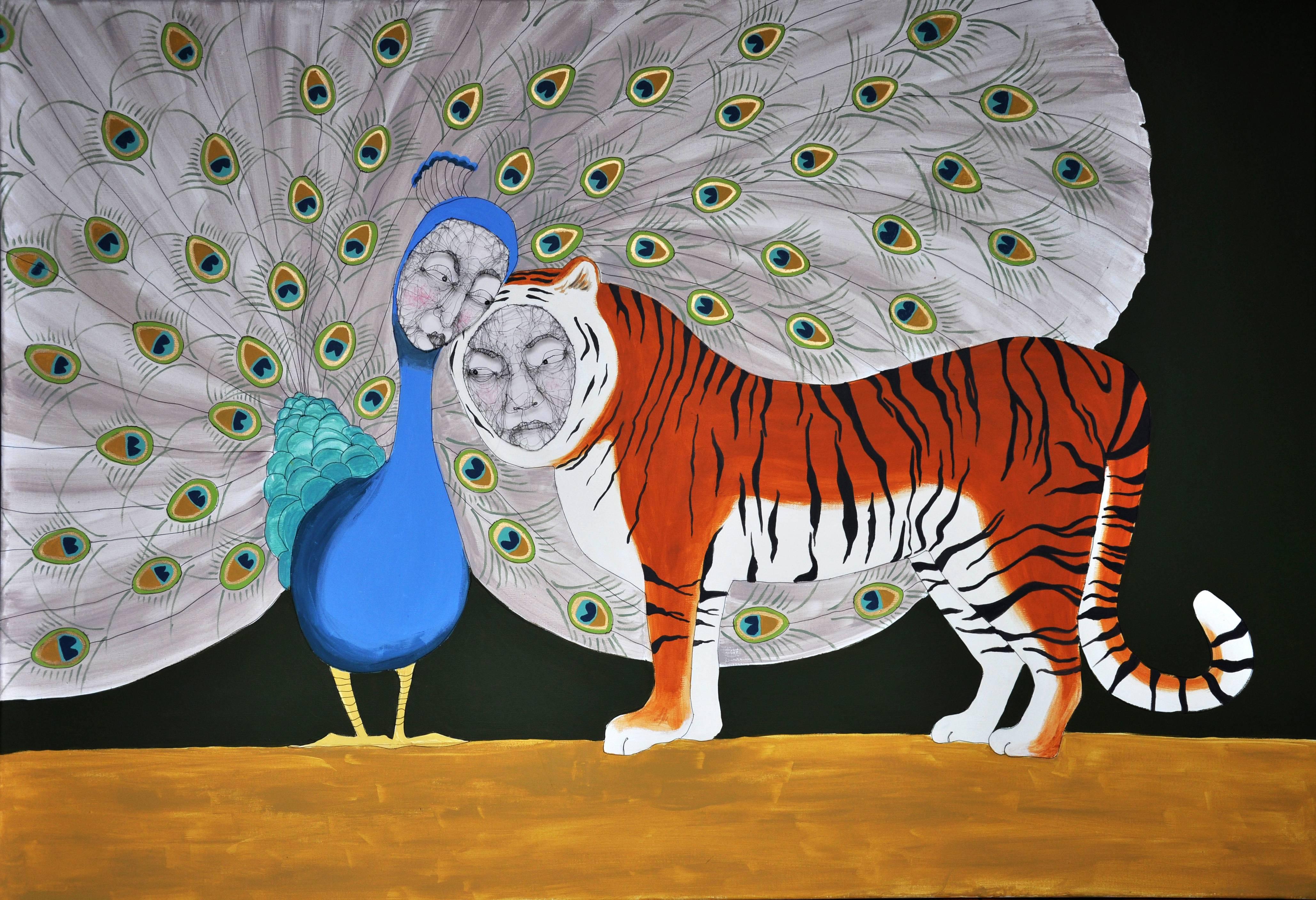 Fiona Morley Animal Painting – Abstraktes Gemälde "Love Is", Draht und Öl auf Leinwand, mit Pfau und Tiger