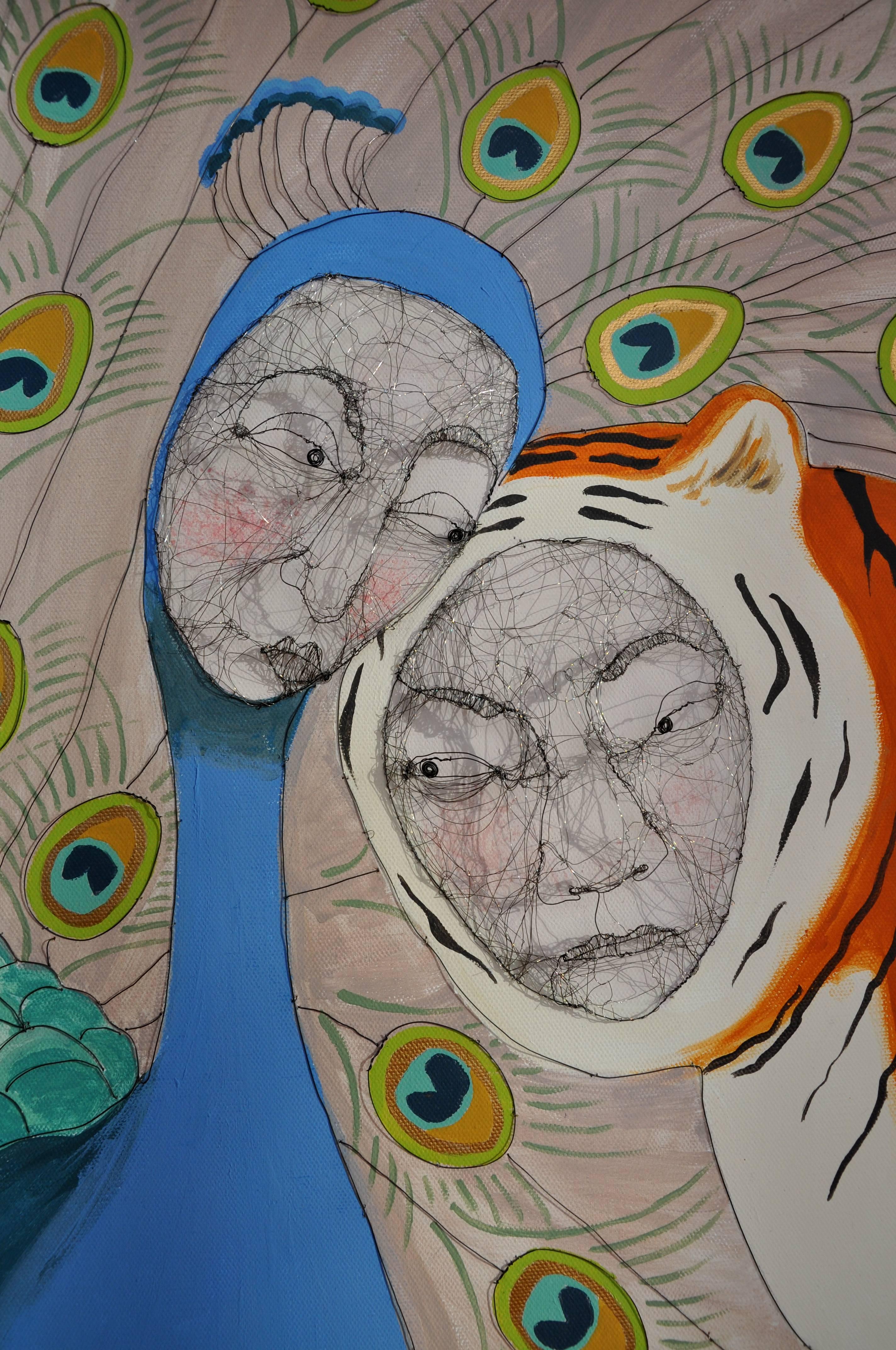 Love Is, abstract wire and oil on canvas painting, with peacock and tiger - Painting by Fiona Morley
