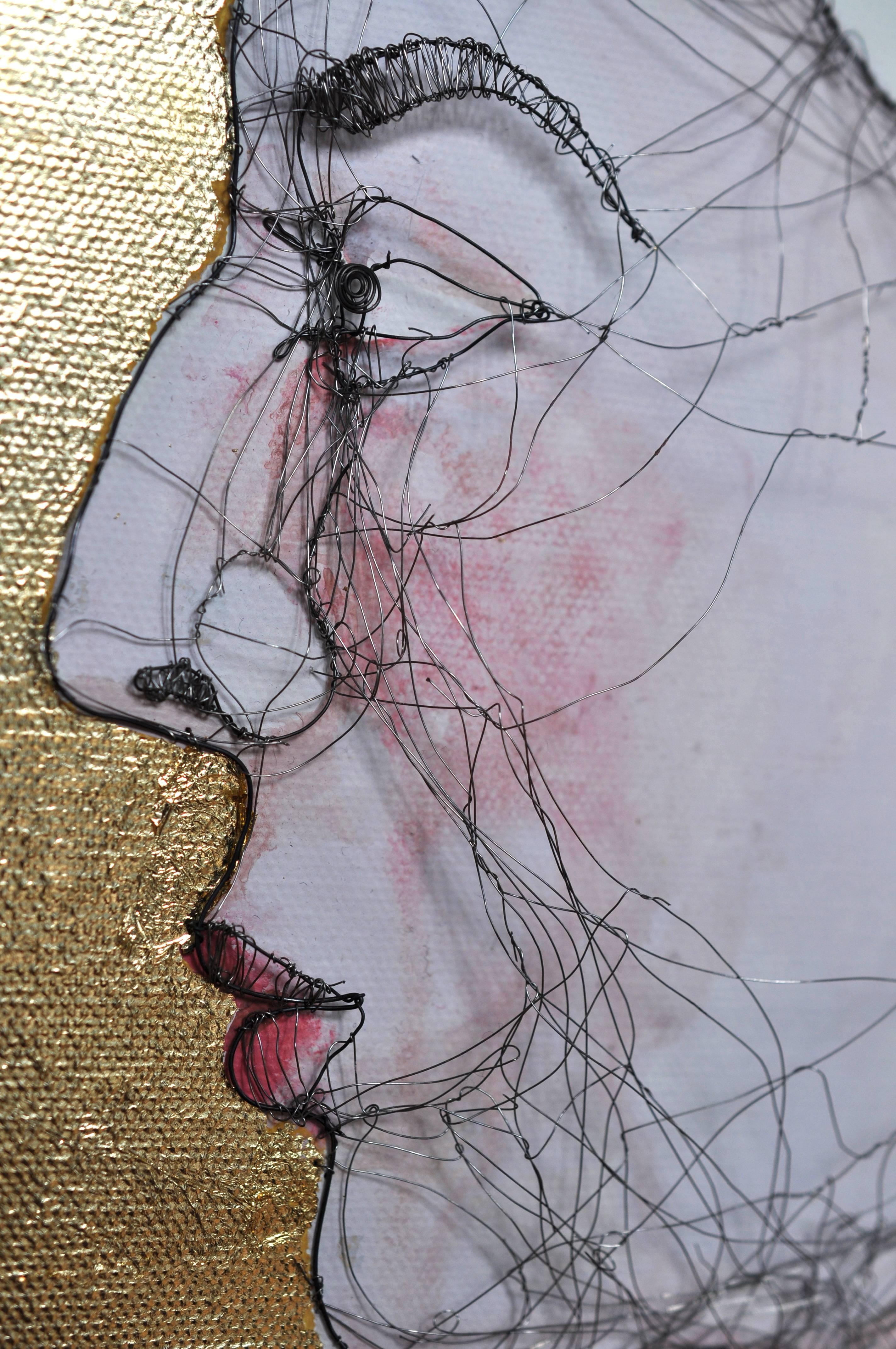 The Gift by Fiona Morley - Wire, gold leaf and oil on canvas with custom frame 1
