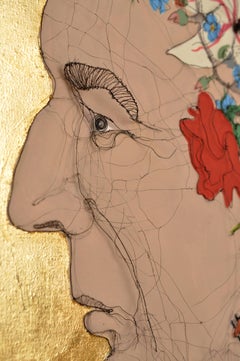 Mr. Cohen di Fiona Morley - Filo, foglia d'oro e olio su tela con cornice personalizzata