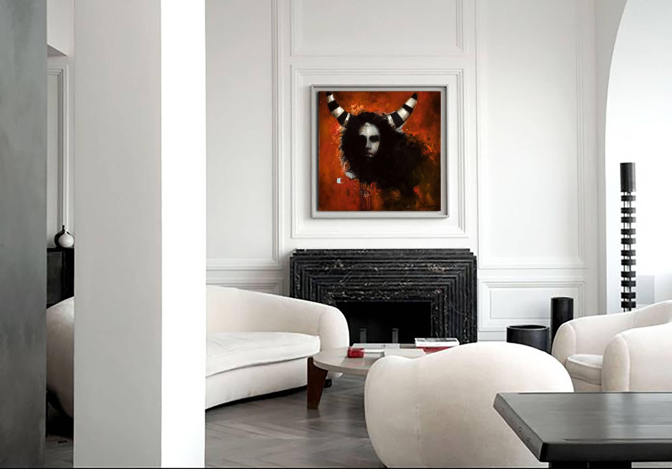 Samarai, huile figurative abstraite sur toile, palette de rouge et de noir - Painting de Michele Mikesell