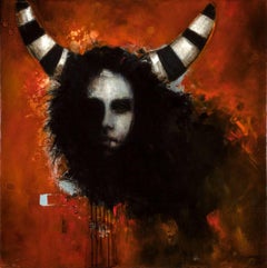 Samarai Samarai, Abstraktes figuratives Ölgemälde auf Leinwand, rote und schwarze Farbpalette