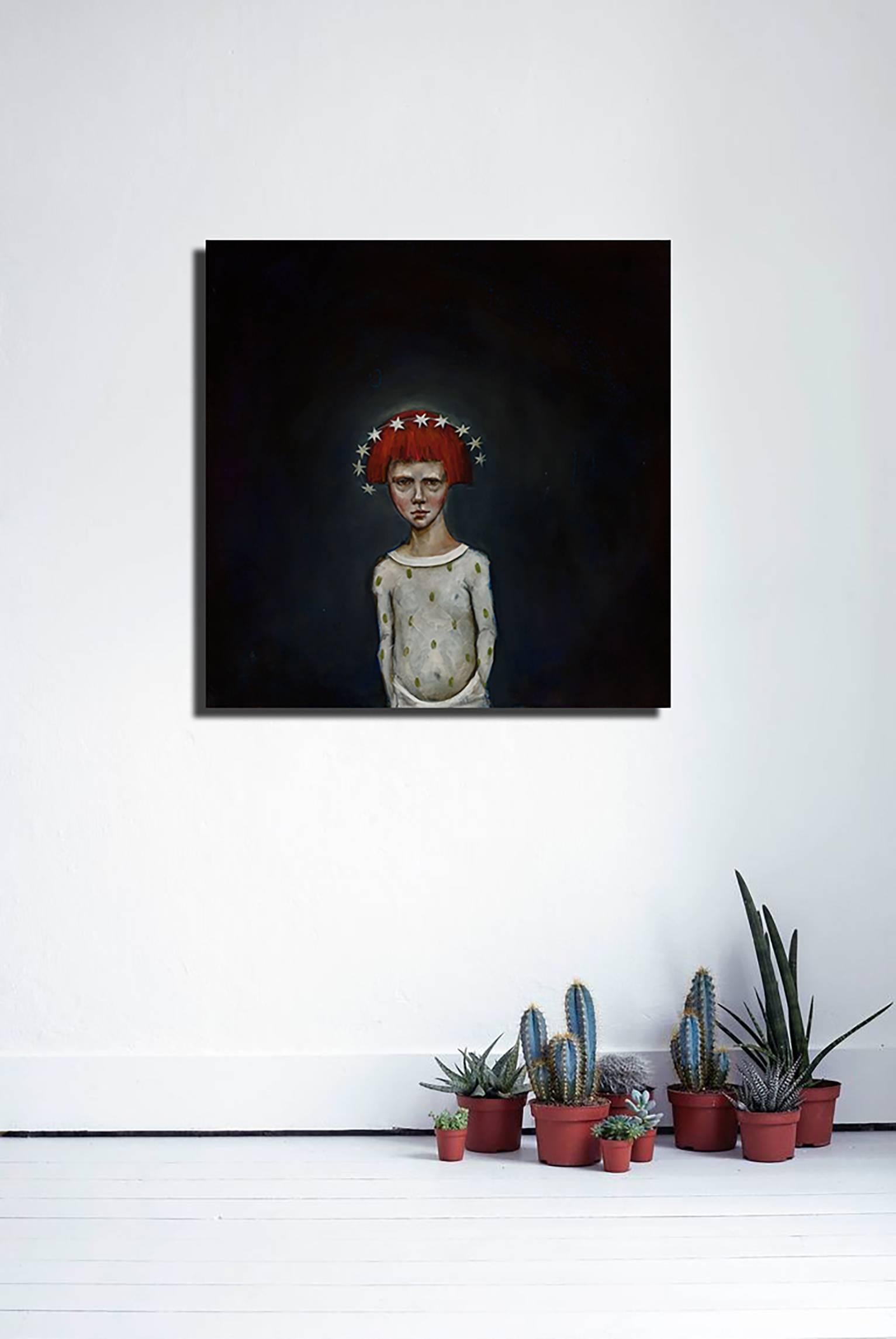 Age Seven, oil on canvas, pop surrealist painting with red haired child  - Painting by Michele Mikesell