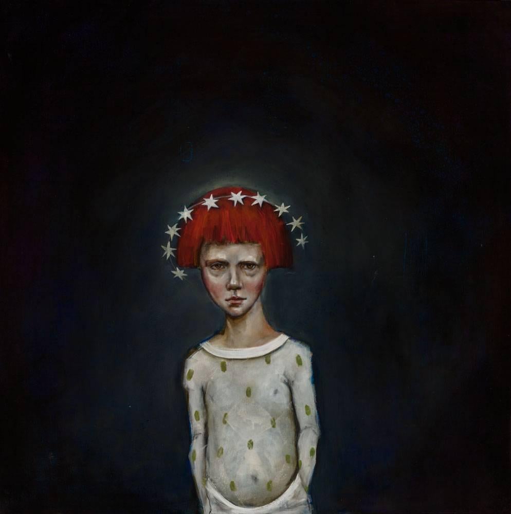 Michele Mikesell Figurative Painting - Age Seven, oil on canvas, pop surrealist painting with red haired child 