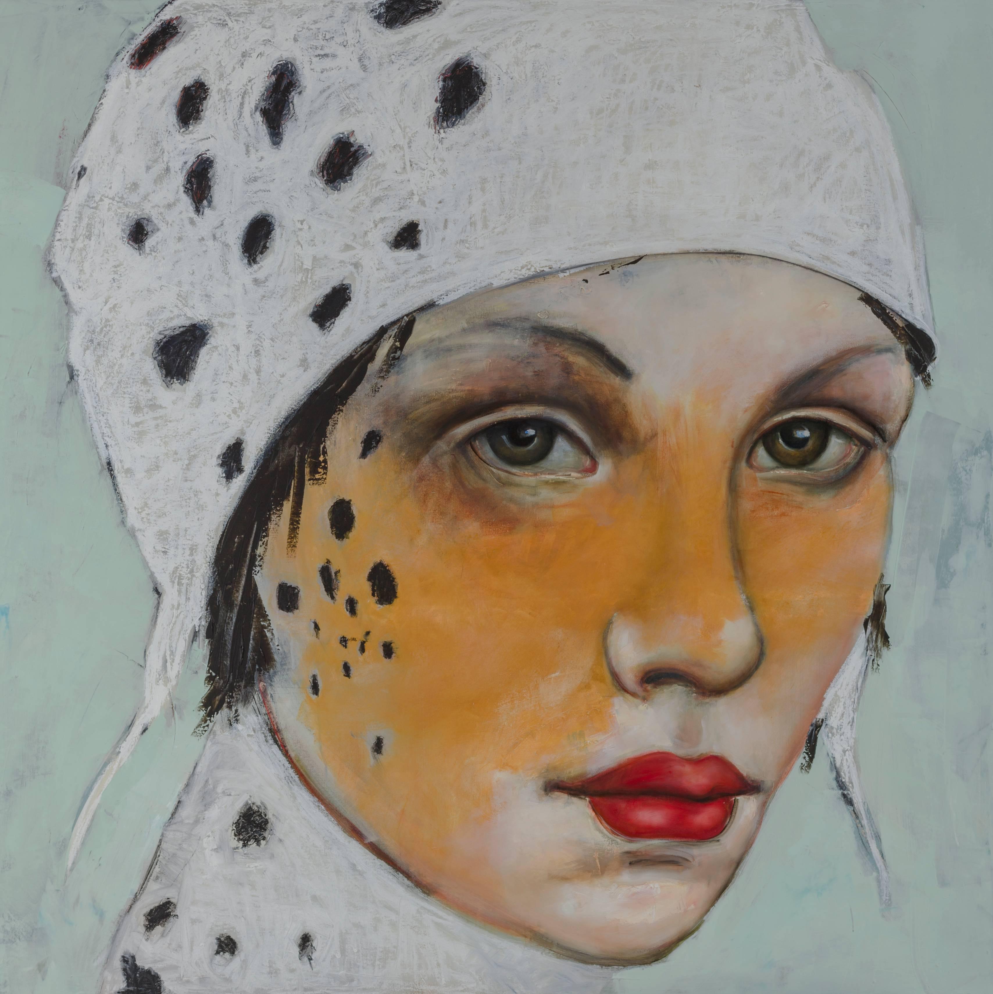 Agave, Oil on canvas, abstract figurative painting with beautiful cheetah woman 