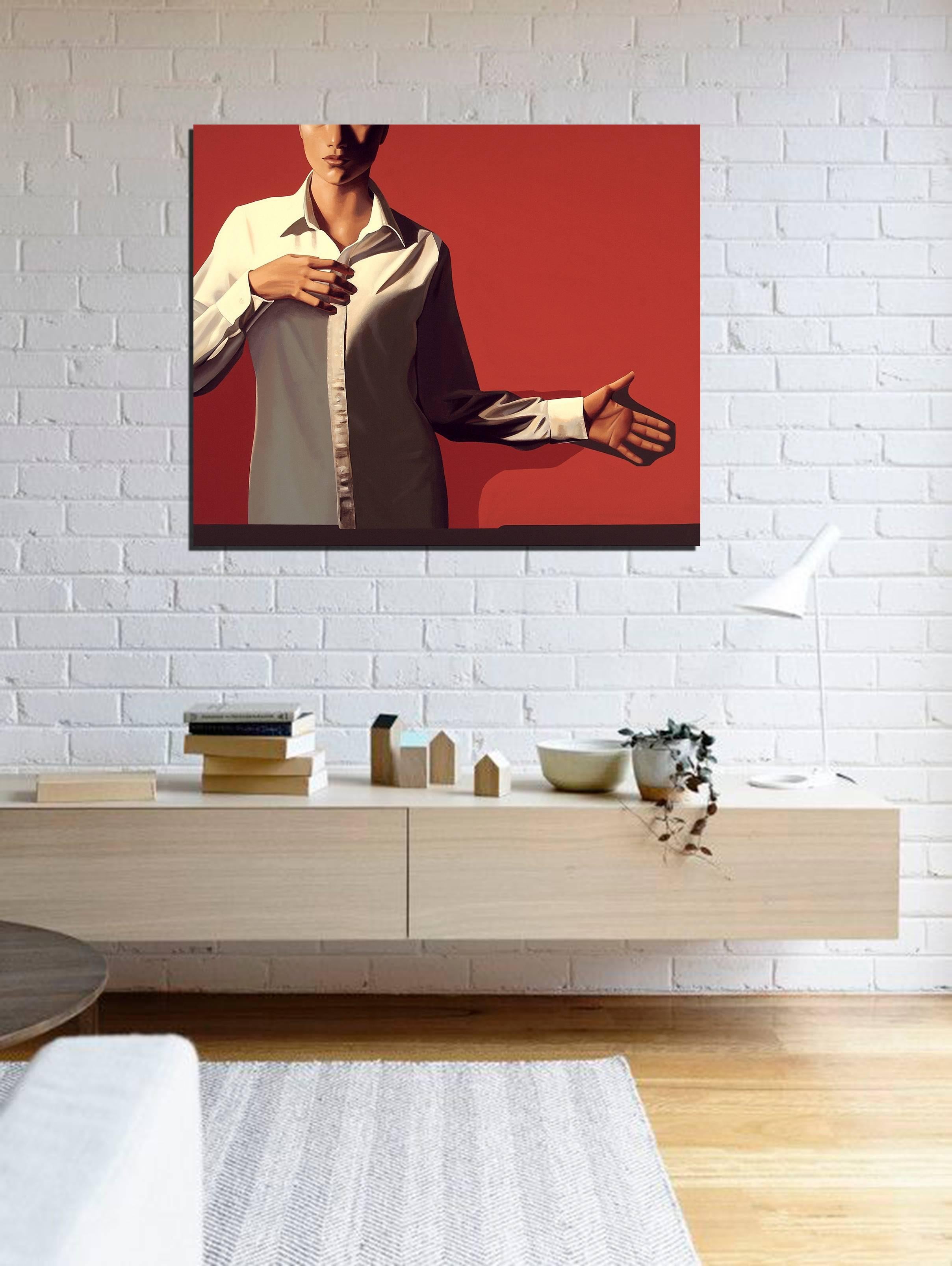 Offering, acrylic on canvas, modern realism painting from white shirt series - Painting by Erin Cone