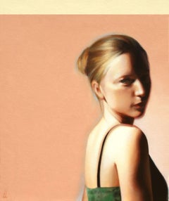 Keepsake, figurative realism painting, acrylic on canvas with female portrait