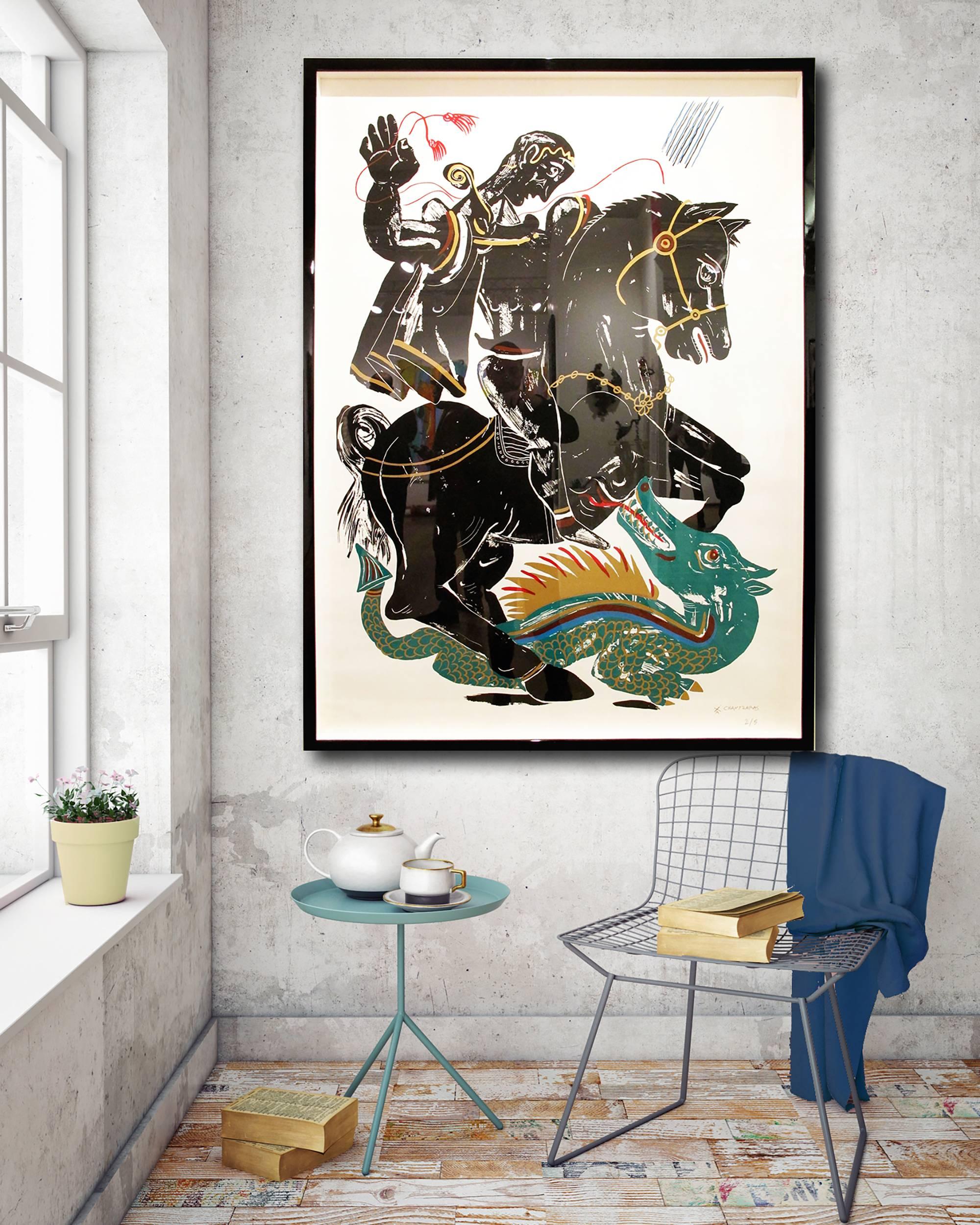 Apostolos Chantzaras Animal Print - Hero, Black and Green figure on horse fighting dragon, hand-finished silkscreen