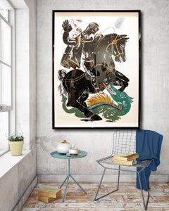 Hero, Black and Green figure on horse fighting dragon, hand-finished silkscreen