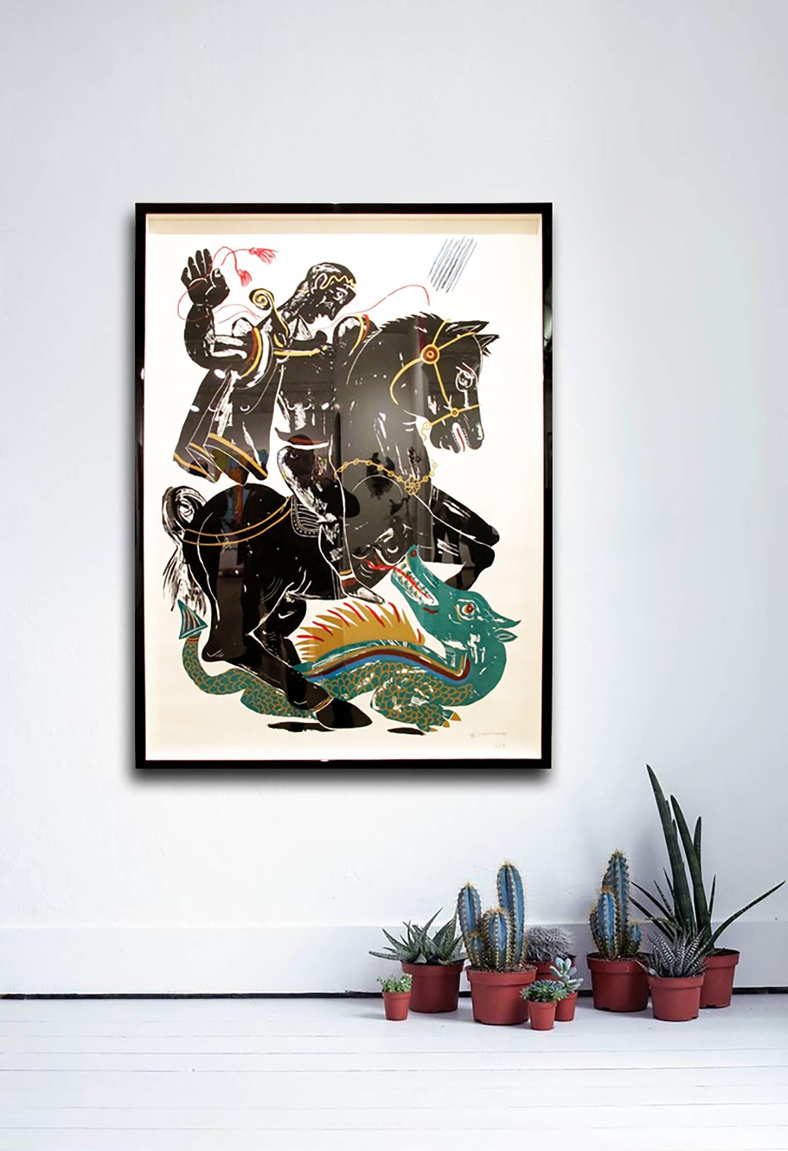 Hero, Black and Green figure on horse fighting dragon, hand-finished silkscreen - Print by Apostolos Chantzaras