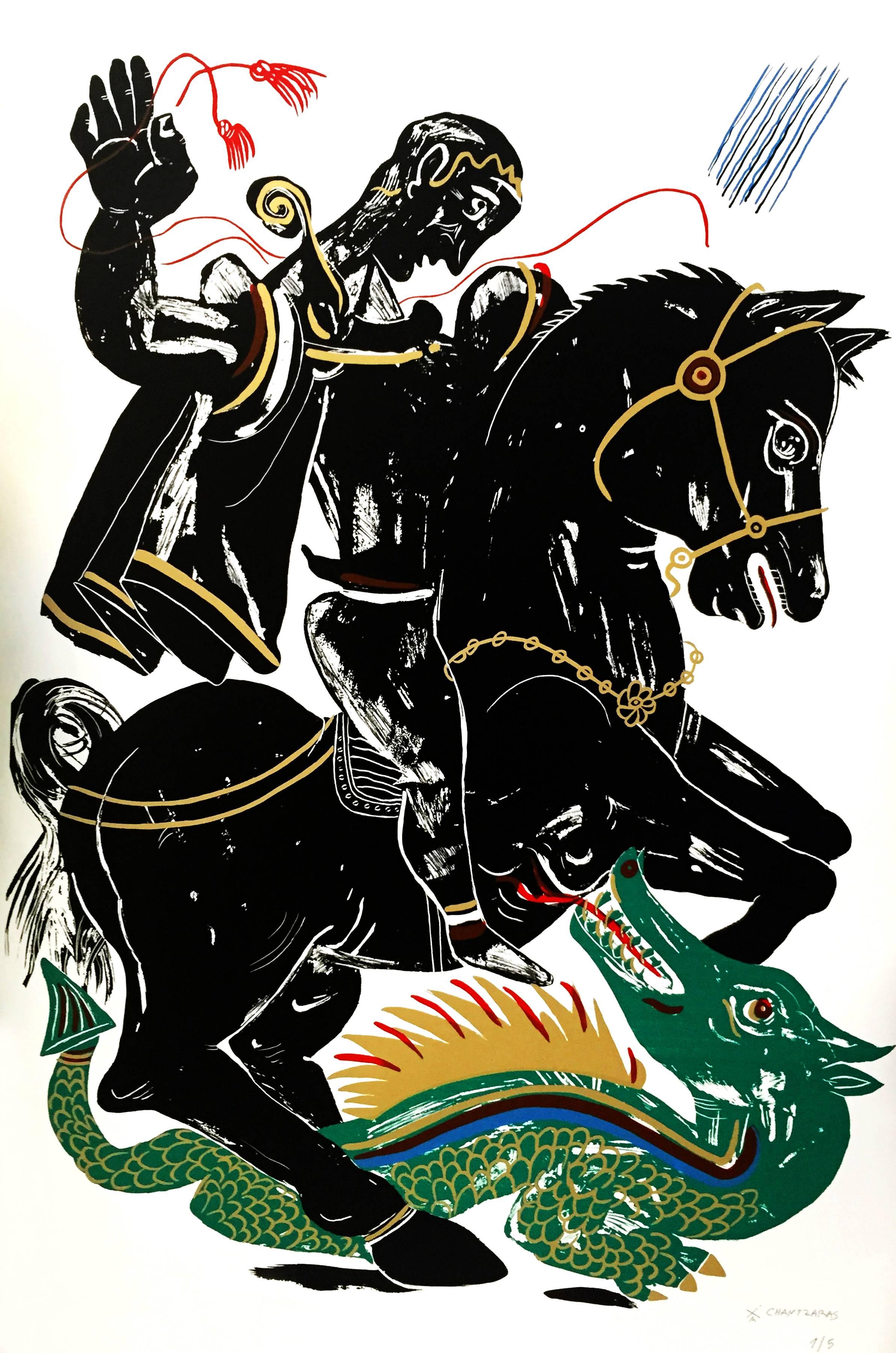Hero, Black and Green figure on horse fighting dragon, hand-finished silkscreen - Pop Art Print by Apostolos Chantzaras