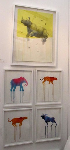 "Pink Elephant", watercolor & pencil blue moose on watercolor paper