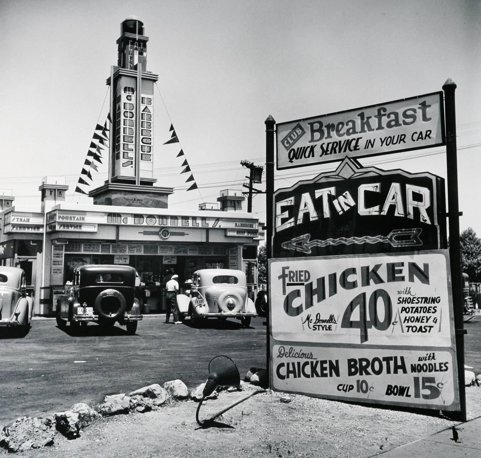John Gutmann Black and White Photograph - Eat in Car, (Early Drive-In Restaurant) Hollywood CA