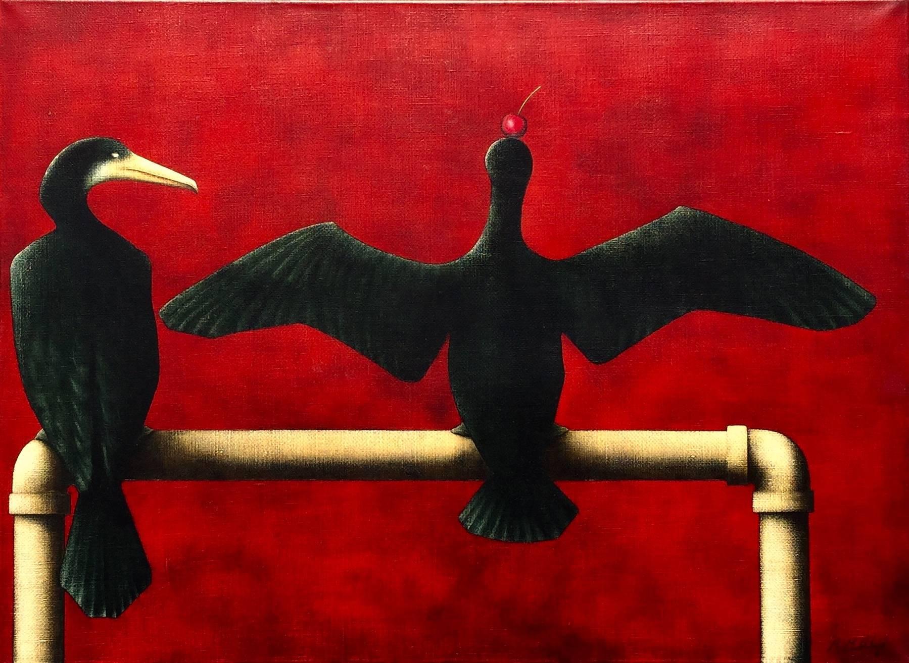 Barry Mickleburgh Animal Painting - Two Cormorants and a Cherry