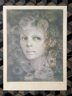Leonor Fini 1970s serigraph, portrait of a frowning lady
