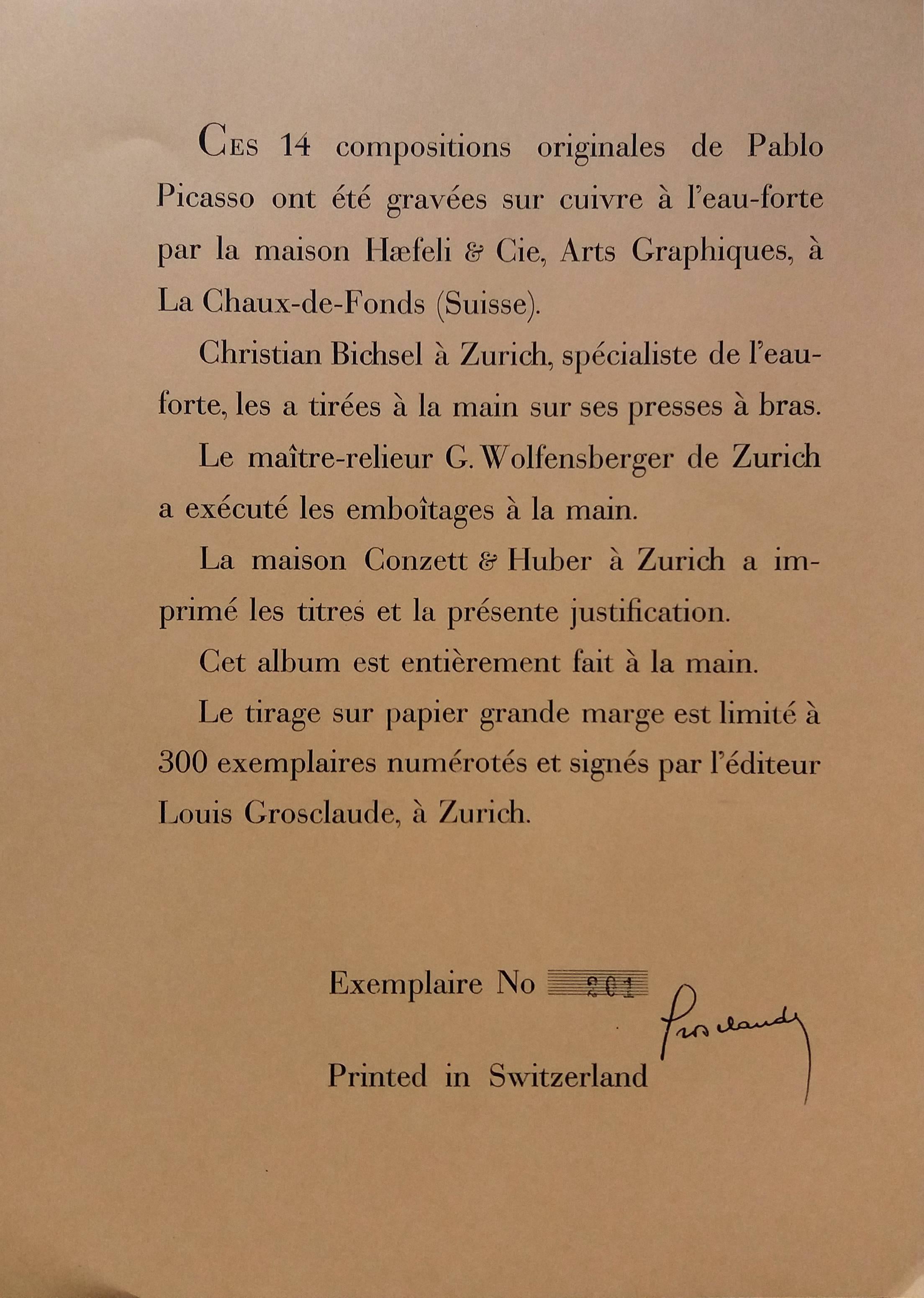 One of the fourteen magnificent original sketches engraved on copper of 1943.
Signed in the plate by the artist.
Certificate of the Publisher. numbered 201/300.
Printed in Switzerland.
Very good state.

"These 14 original compositions by Pablo