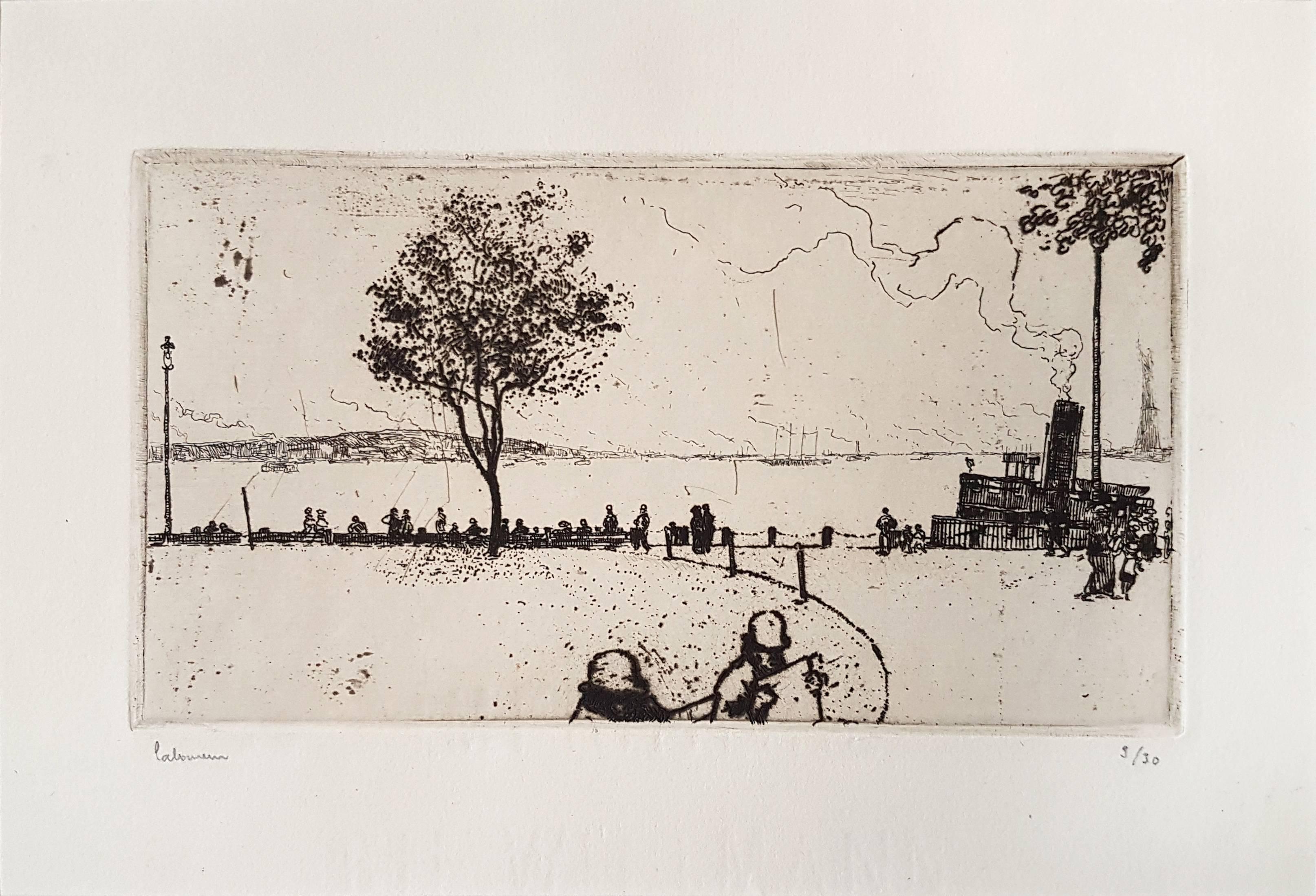 New York, Battery Park - Etching by J.E. Laboureur - 1907