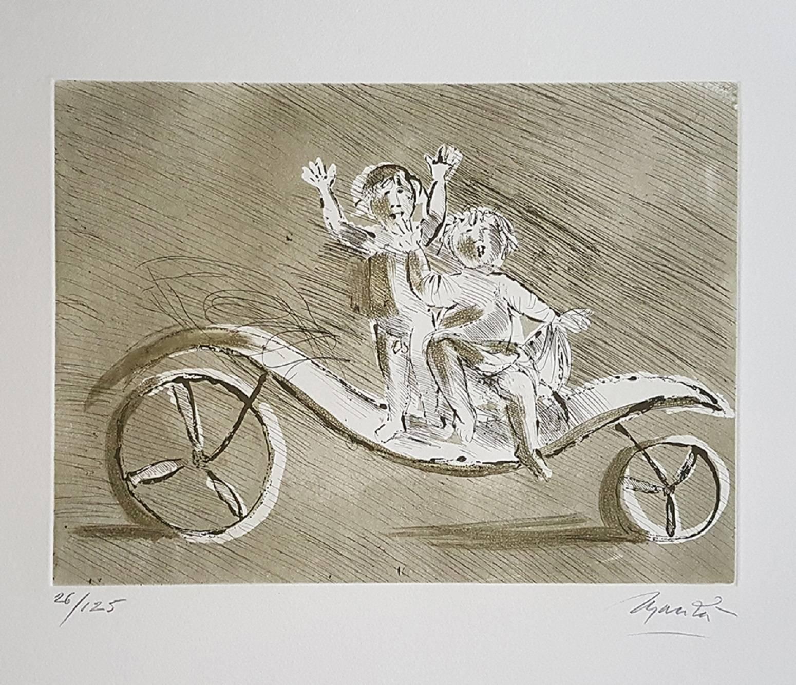Figurative Print Giacomo Manzú - Mileto et Giulia sur un chariot vert - Gravure originale de Giacomo Manzù