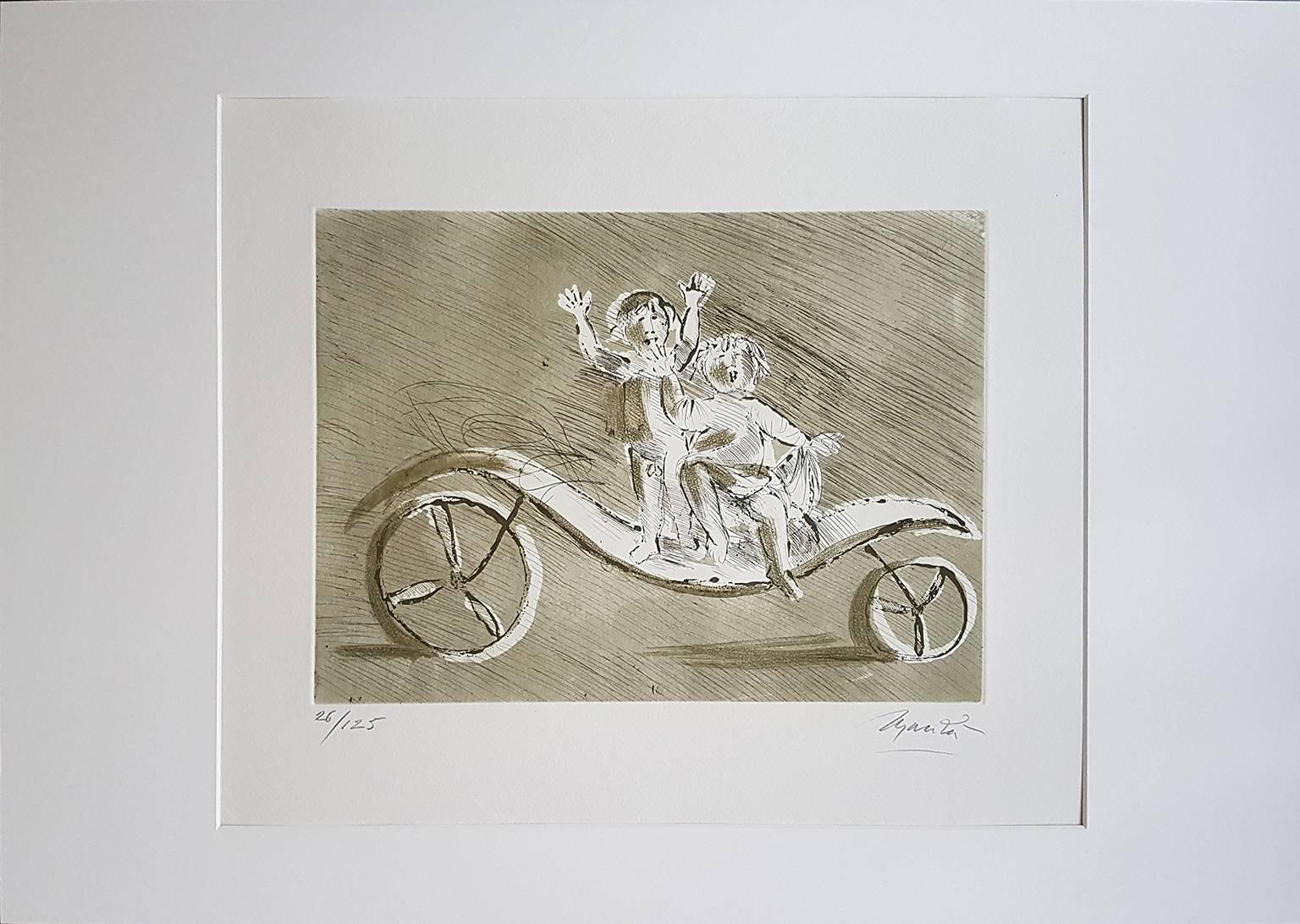 Mileto et Giulia sur un chariot vert - Gravure originale de Giacomo Manzù - Print de Giacomo Manzú