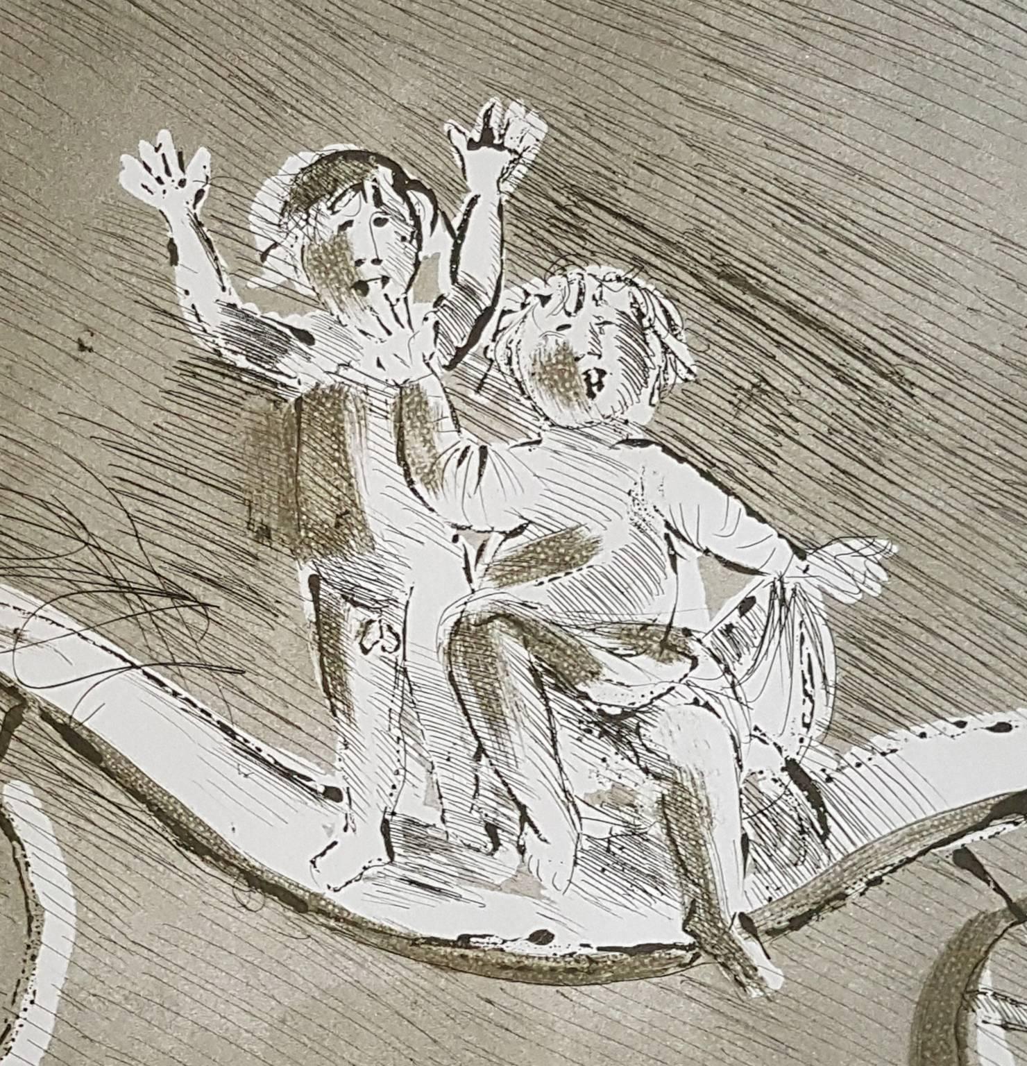 Mileto et Giulia sur un chariot vert - Gravure originale de Giacomo Manzù - Gris Figurative Print par Giacomo Manzú