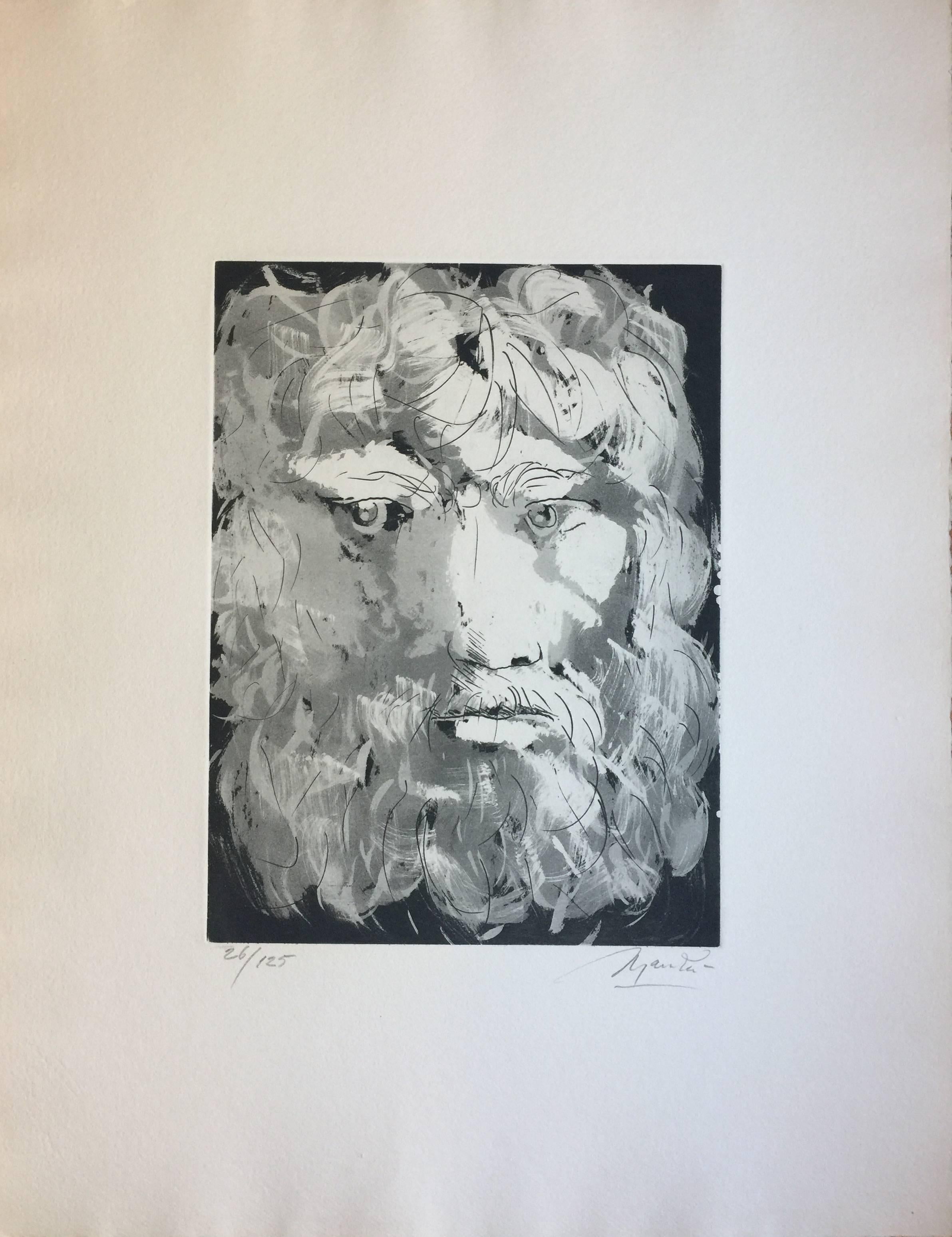 Giacomo Manzú Portrait Print - Head of Oedipus - Etching by Giacomo Manzù - 1970