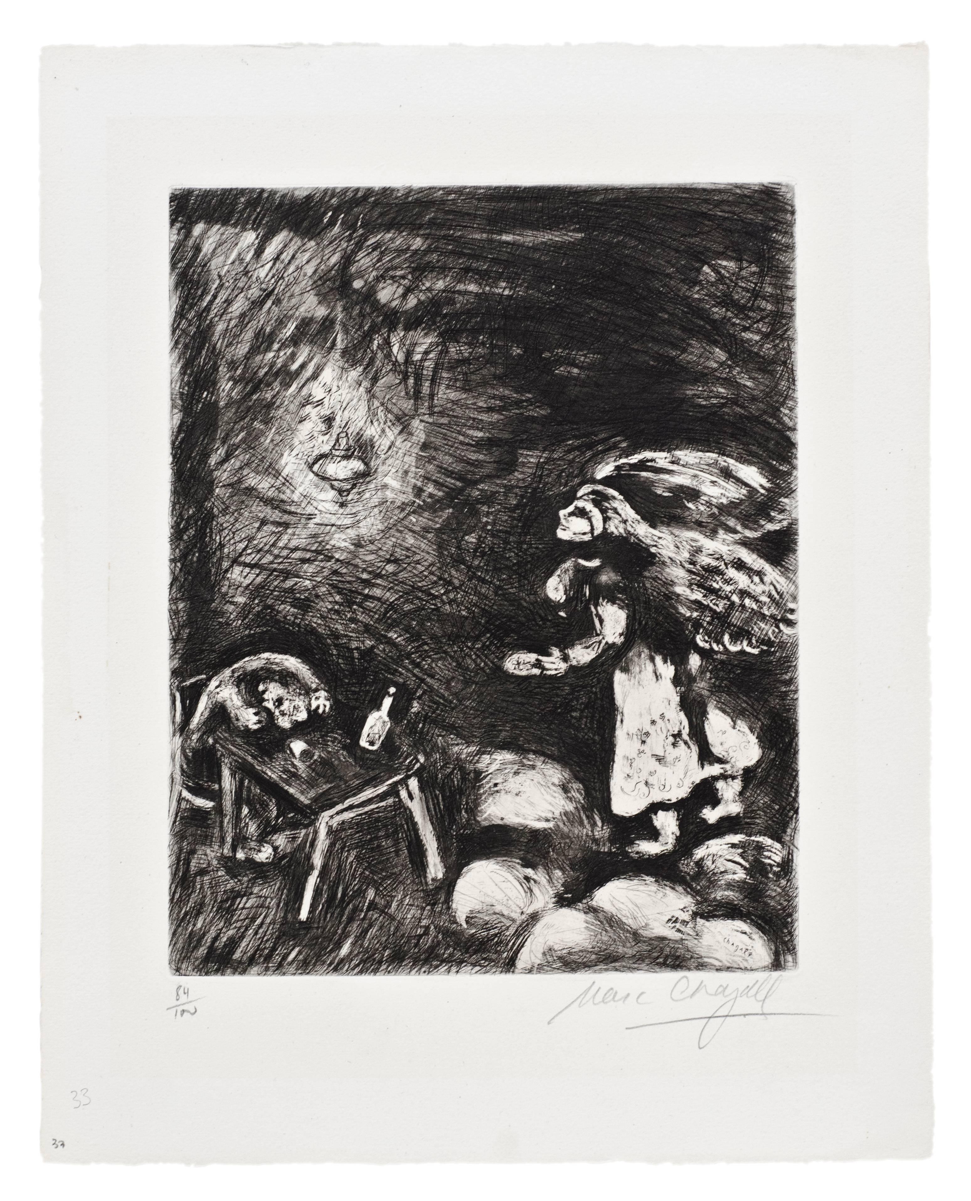 Marc Chagall Figurative Print - The drunkard and his Wife