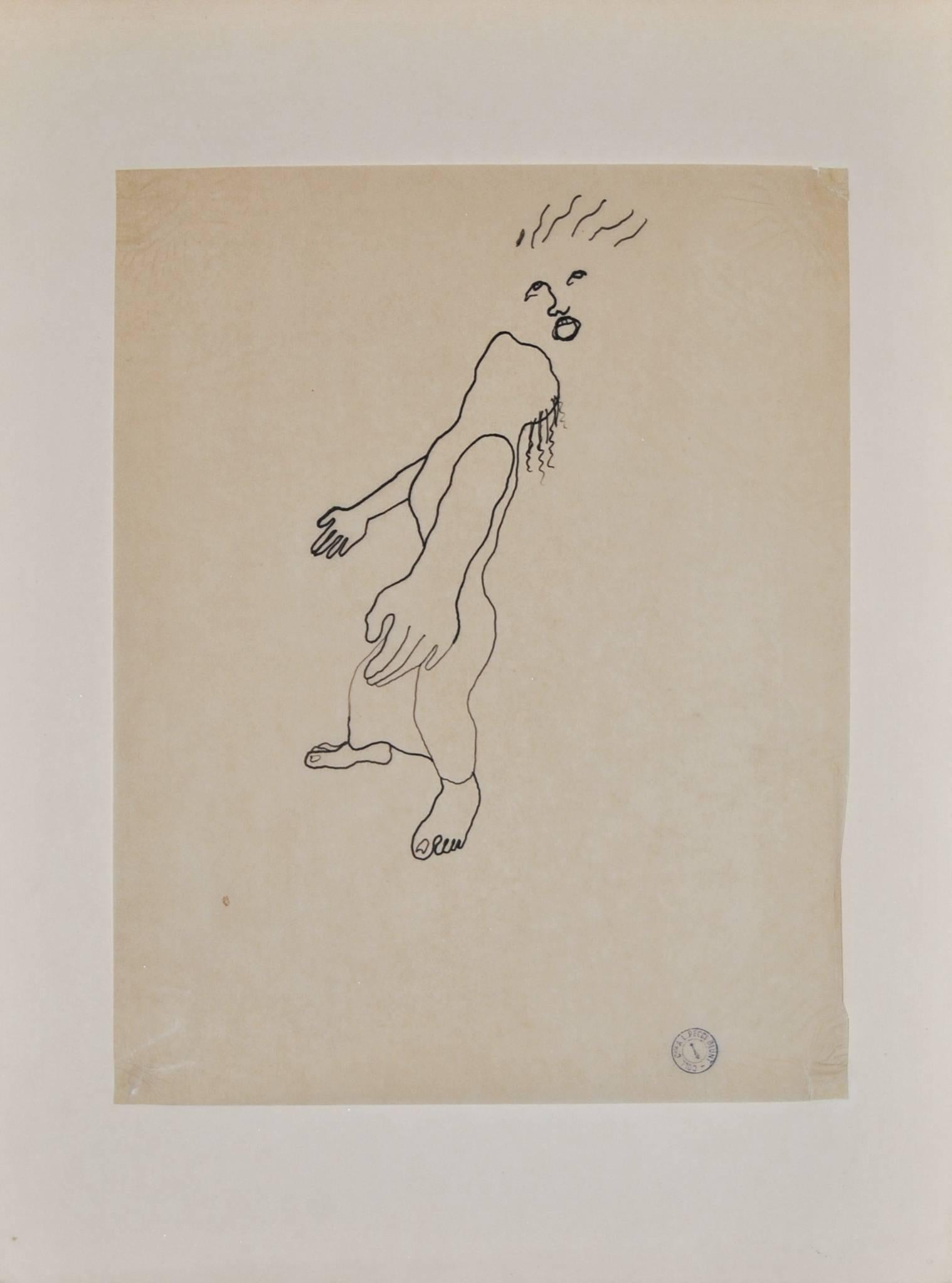 "Die Göttlichkeit" ist der Titel dieser essentiellen und rätselhaften Zeichnung des französischen Künstlers Jean Cocteau. In der Mitte der Szene steht eine Figur, die ihre Arme ausbreitet und in den Himmel blickt. Im obersten Teil der Komposition