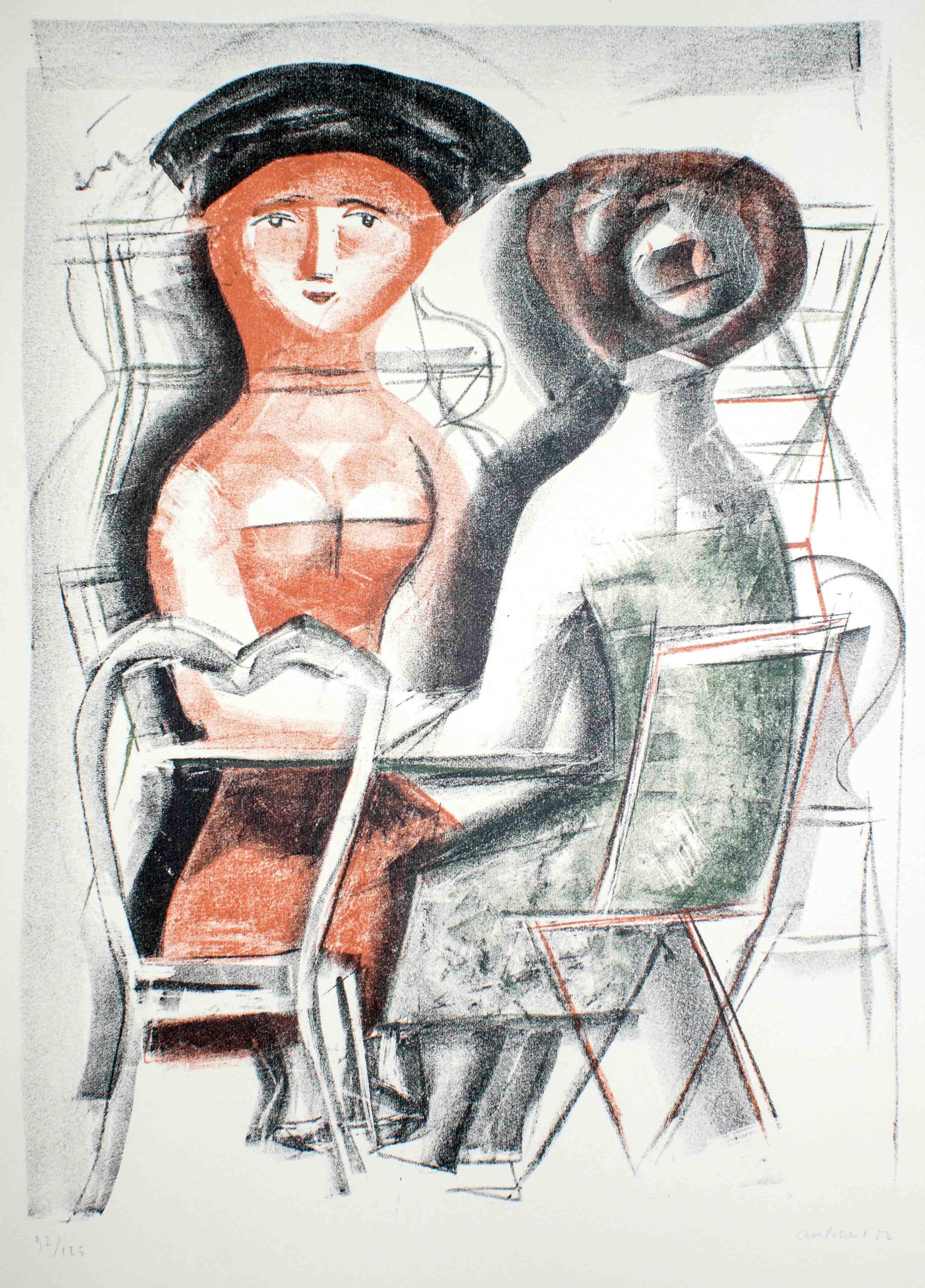 Handsigniert und nummeriert. Auflage: 125 Exemplare.
In der Lithografie "Donne al tavolino" aus dem Jahr 1952 stellt Massimo Campigli zwei Frauen an einem kleinen Tisch dar, die sich unterhalten. 

Dieses Kunstwerk wird aus Italien verschickt. Nach