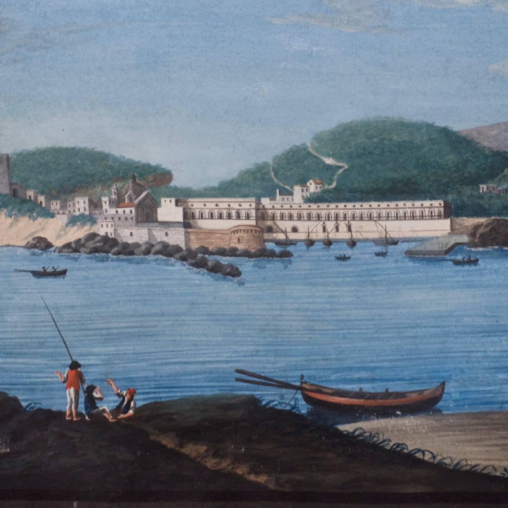 Sehr seltener Blick auf die Insel Ponza von einem Teil des Molo aus. 
Es handelt sich um ein sehr seltenes und schönes Kunstwerk, da es bis 1900 nicht üblich war, Ponza als Reiseziel oder als Thema für die Künstler zu wählen. Die Insel war