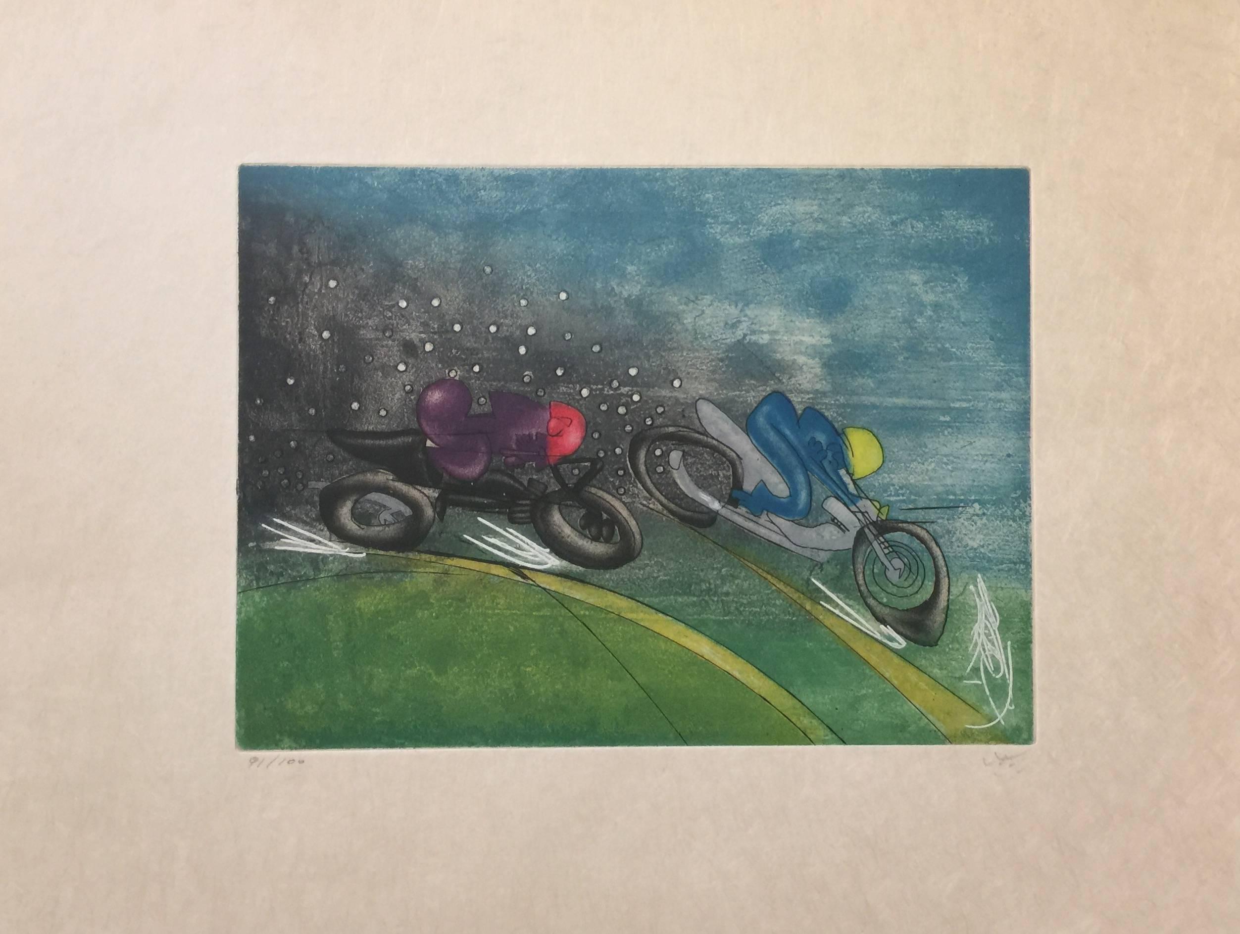 Roberto Matta Figurative Print - Motorcycle racing - from  the series "Les Transesports"