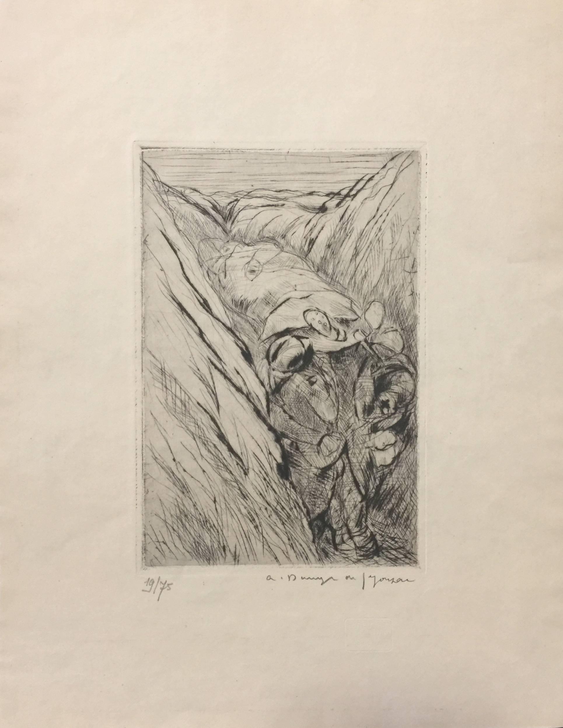 Le Blessé dans la Tranchée (variante 1) - Original Etching and Drypoint