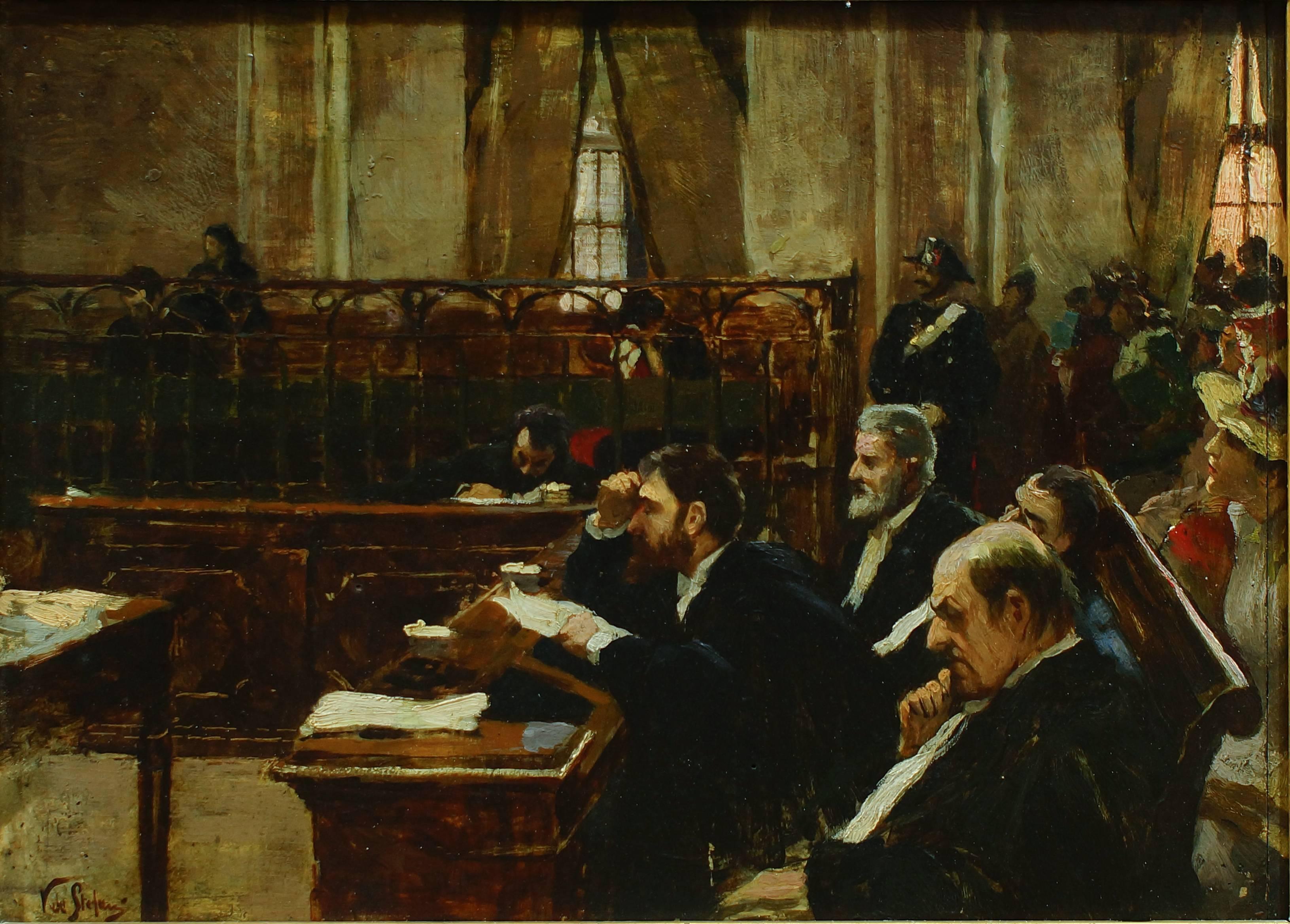 Figurative Painting di Vincenzo De' Stefani - L'Aula del Tribunale - Olio su pannello di Vincenzo dé Stefani - 1891