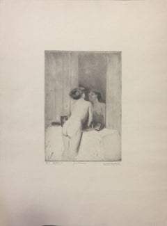 Allo specchio - Gravure et pointe sèche originale de Lino Selvatico - Début 1900