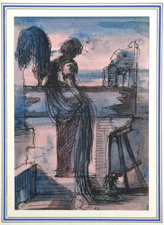 Figure at Sunset - Original Ink and Watercolor Drawing by Eugène Berman