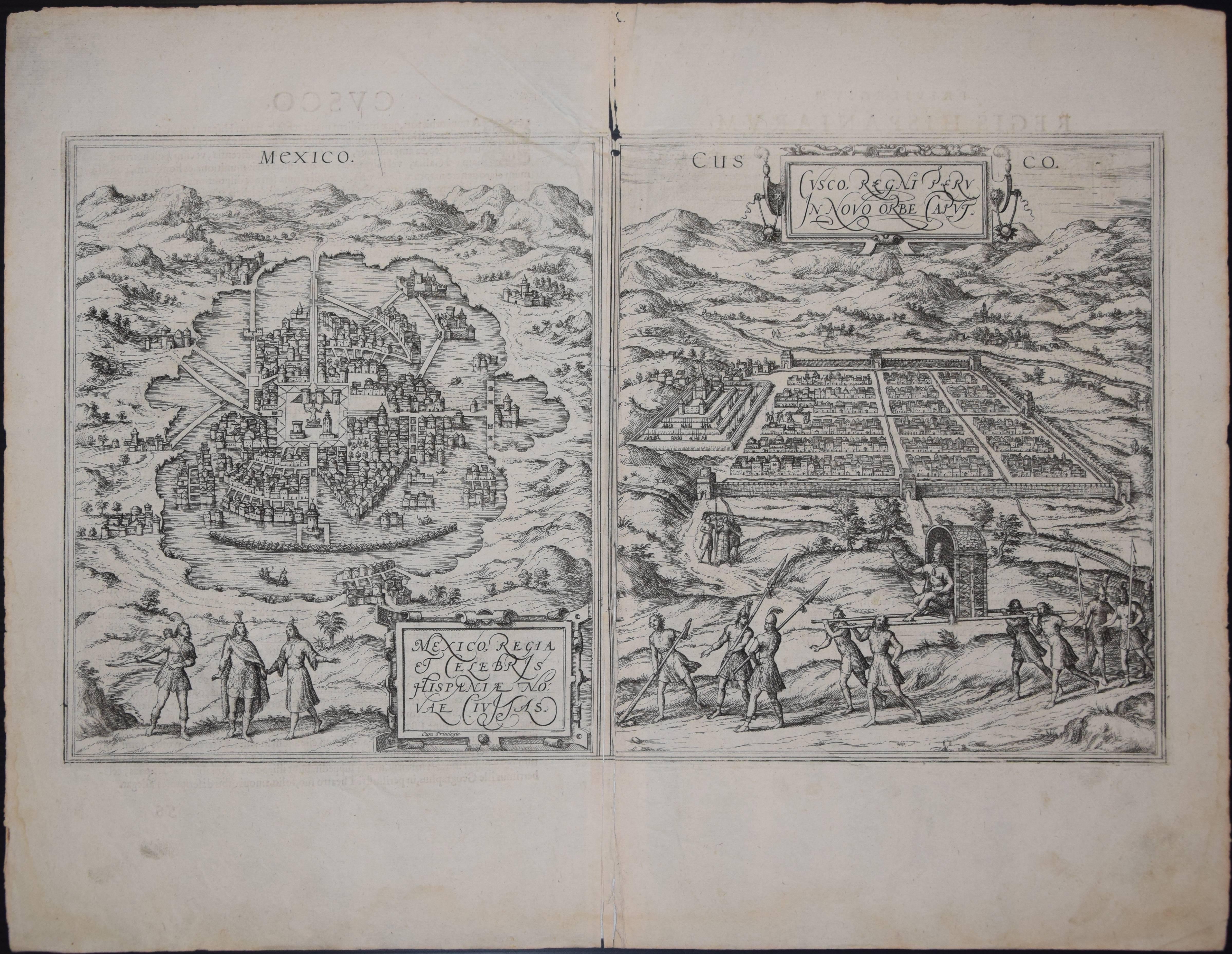 Frans Hogenberg Landscape Print - Mexico City & Cusco Antique Map, Civitates Orbis Terrarum by Braun & Hogenberg