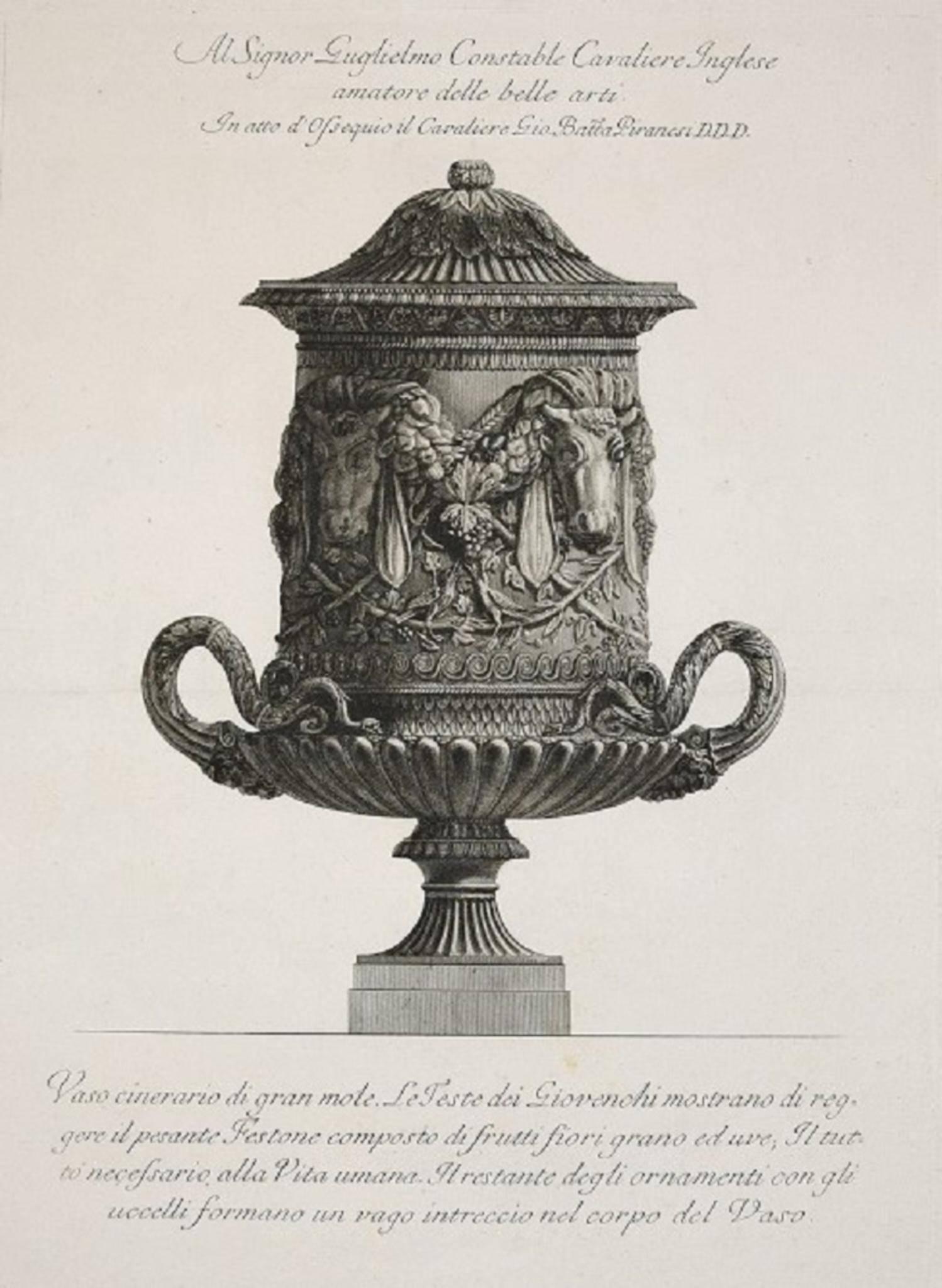 Giovanni Battista Piranesi Still-Life Print - Vaso Cinerario di Gran Mole, etching from "Vases, Candelabras, Grave, Stones..."