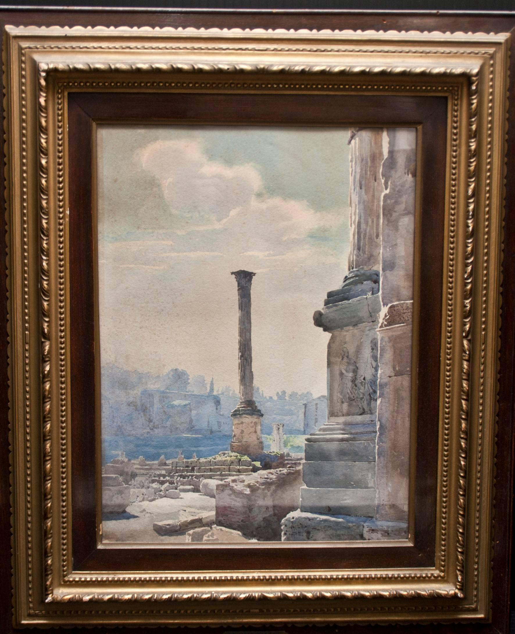 Landscape Painting de Settimio Giampietri - Vista del Foro Romano - "Colonna di Foca" - Acuarela original 1885 ca.