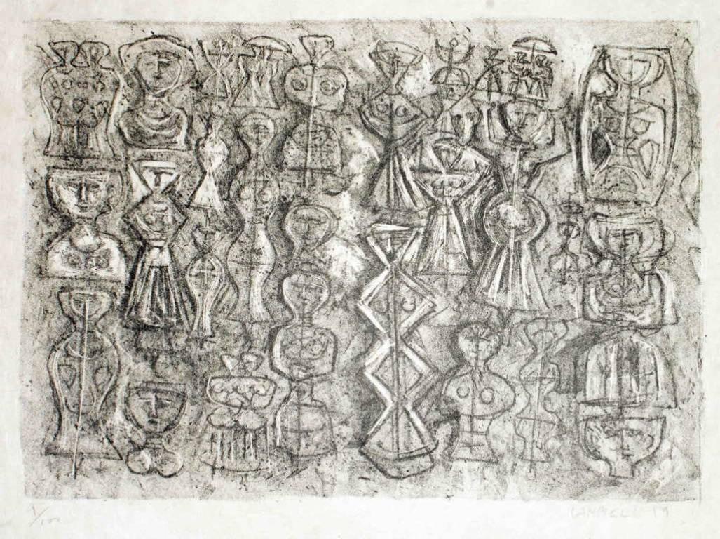 Hand signed. One of 100 copies.
In this lithograph, dated 1970 ca. and characterized by a horror vacui decoration, Campigli reproduces a multiform crowd of female figures. 
Image Dimensions : 17.5 x 25 cm
