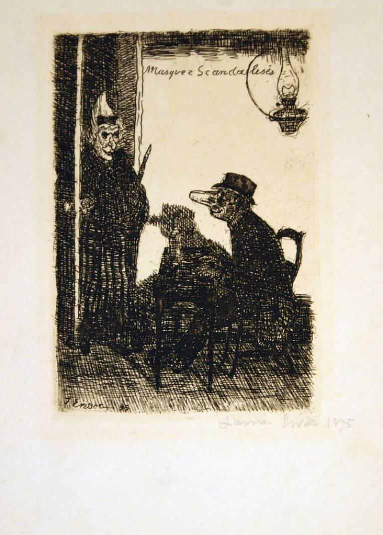 James Ensor Figurative Print - Les Masques Scandalisés - Etching by J. Ensor - 1895